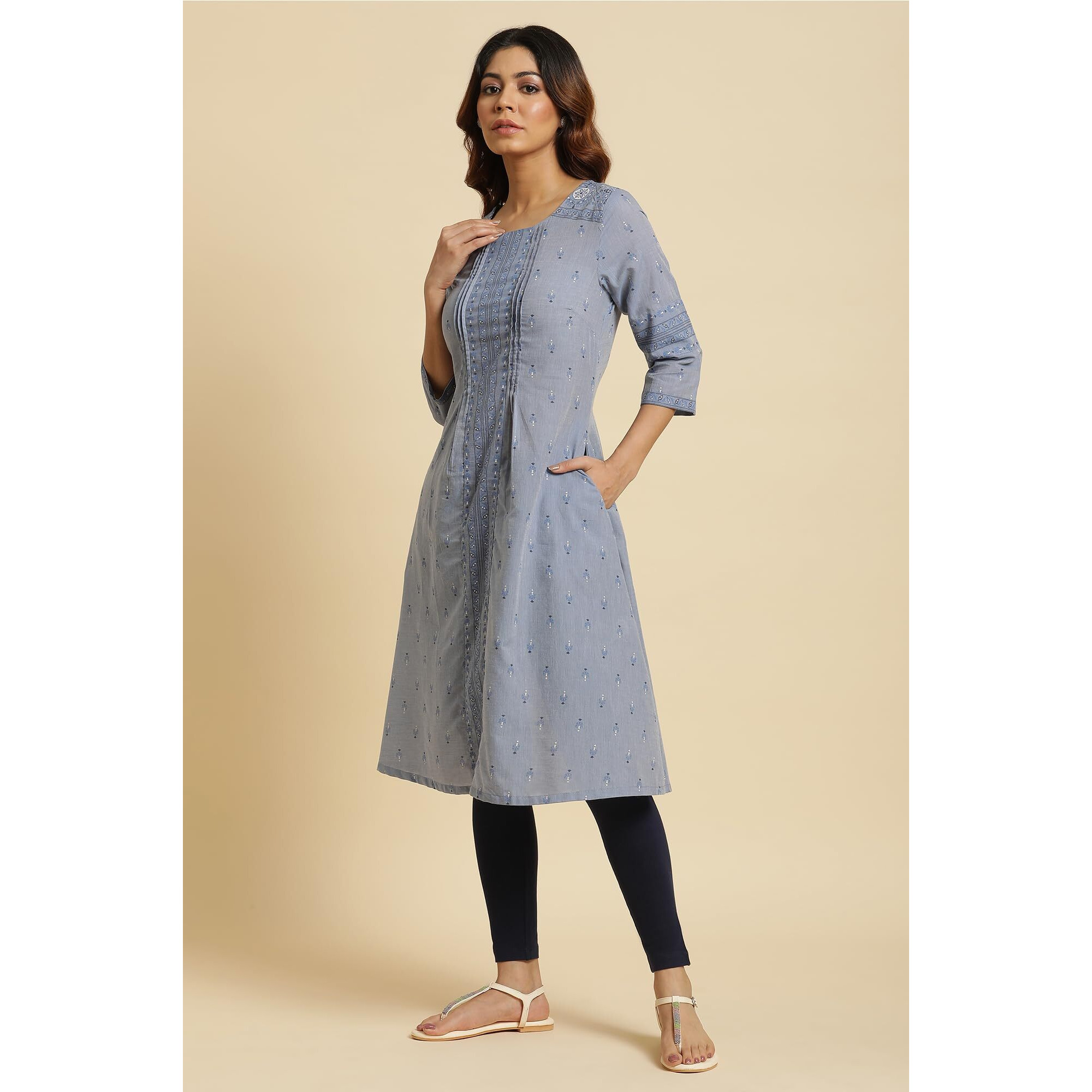 W For Woman Blue A-Line Printed Kurta (Size L)-23Auw19287-120839