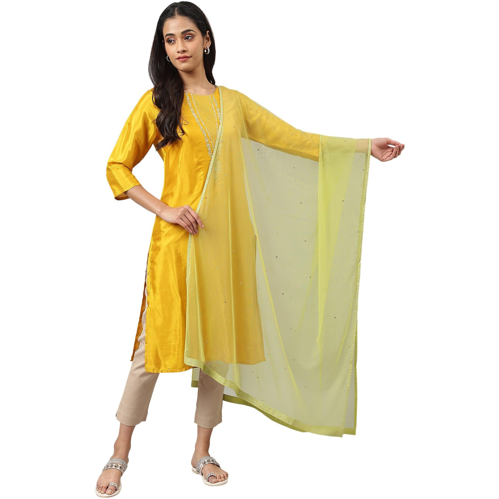 W For Woman Women Polyester Lime Green Mesh Ducati With Sequins Dupatta_22Auw81502-217817_Free Size