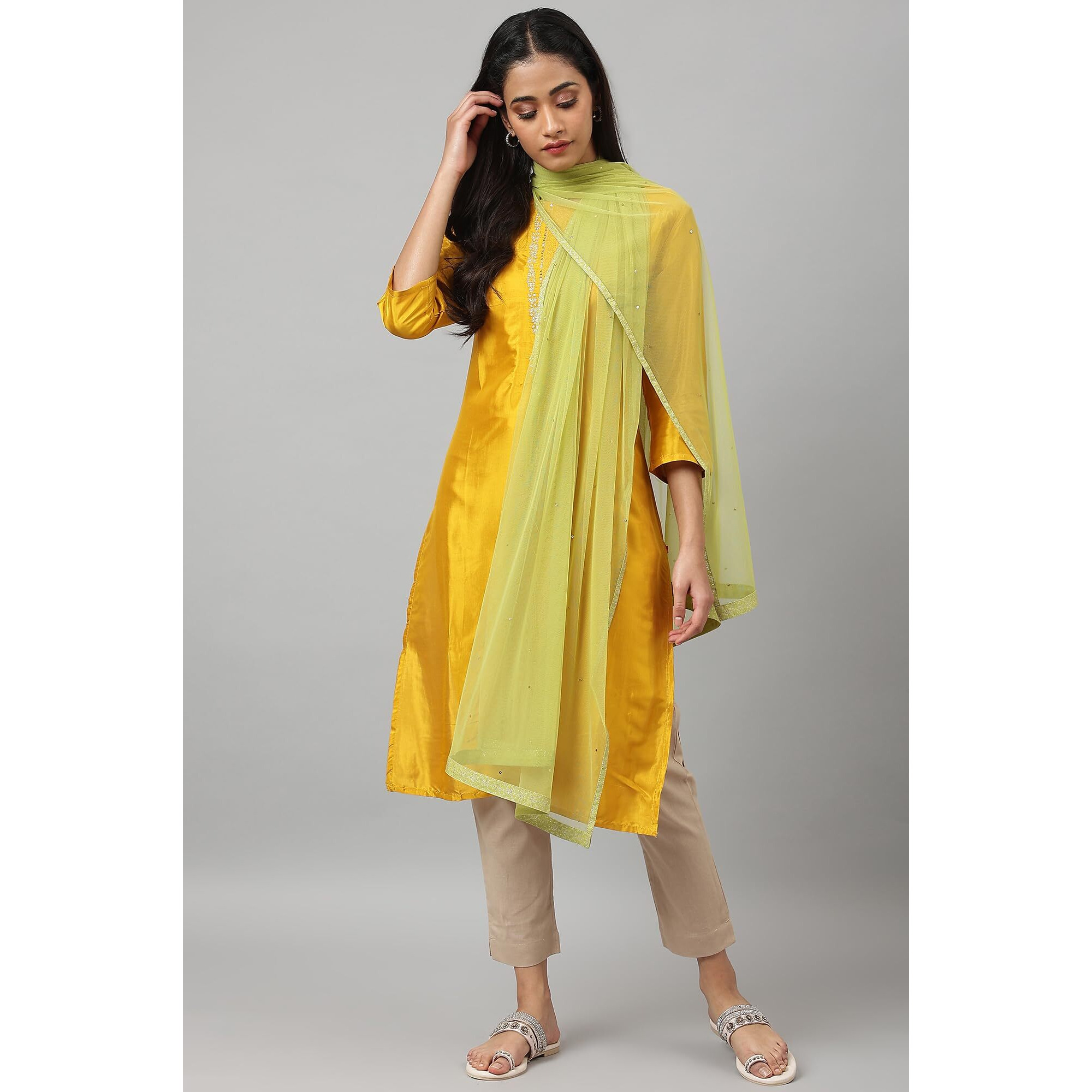 W For Woman Women Polyester Lime Green Mesh Ducati With Sequins Dupatta_22Auw81502-217817_Free Size