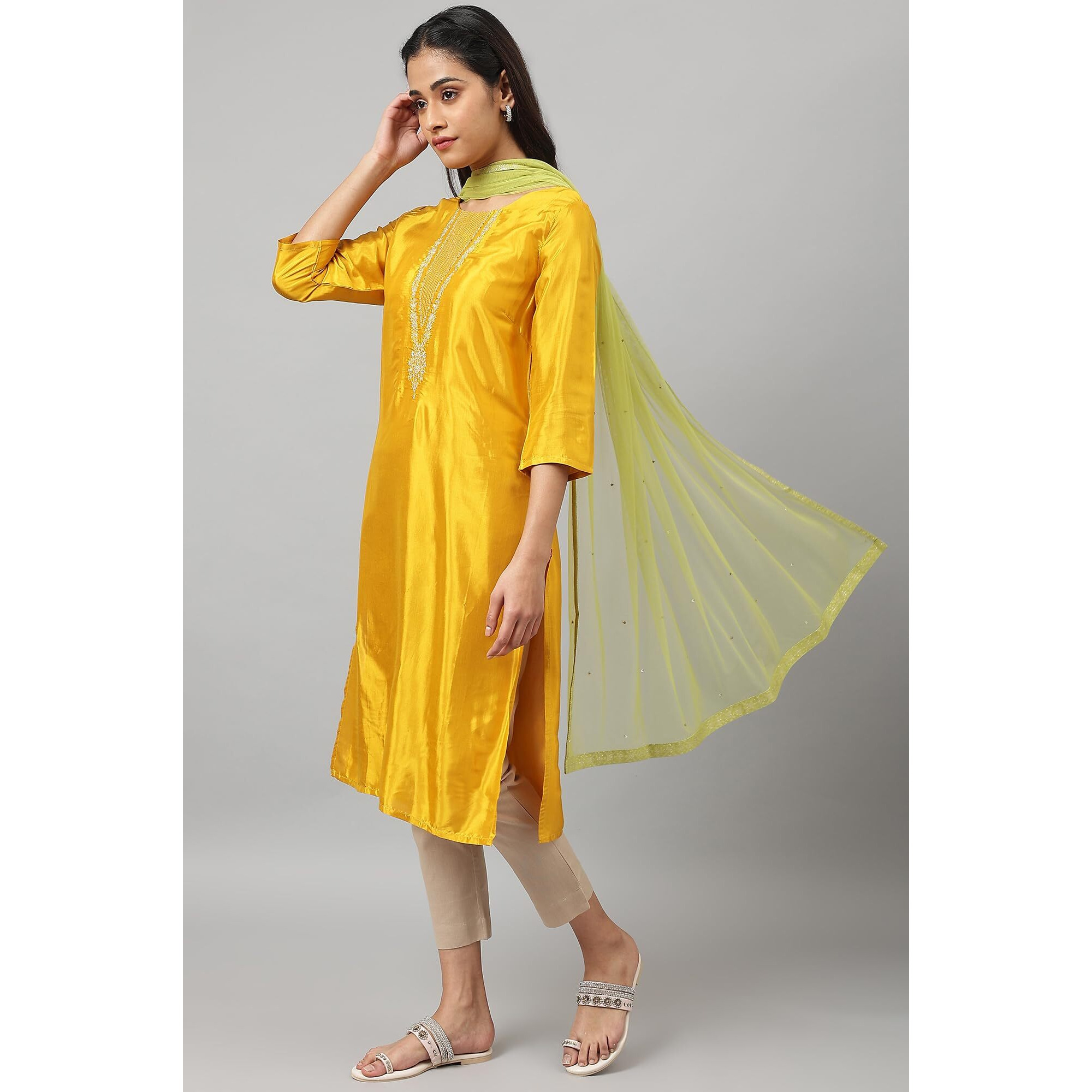 W For Woman Women Polyester Lime Green Mesh Ducati With Sequins Dupatta_22Auw81502-217817_Free Size