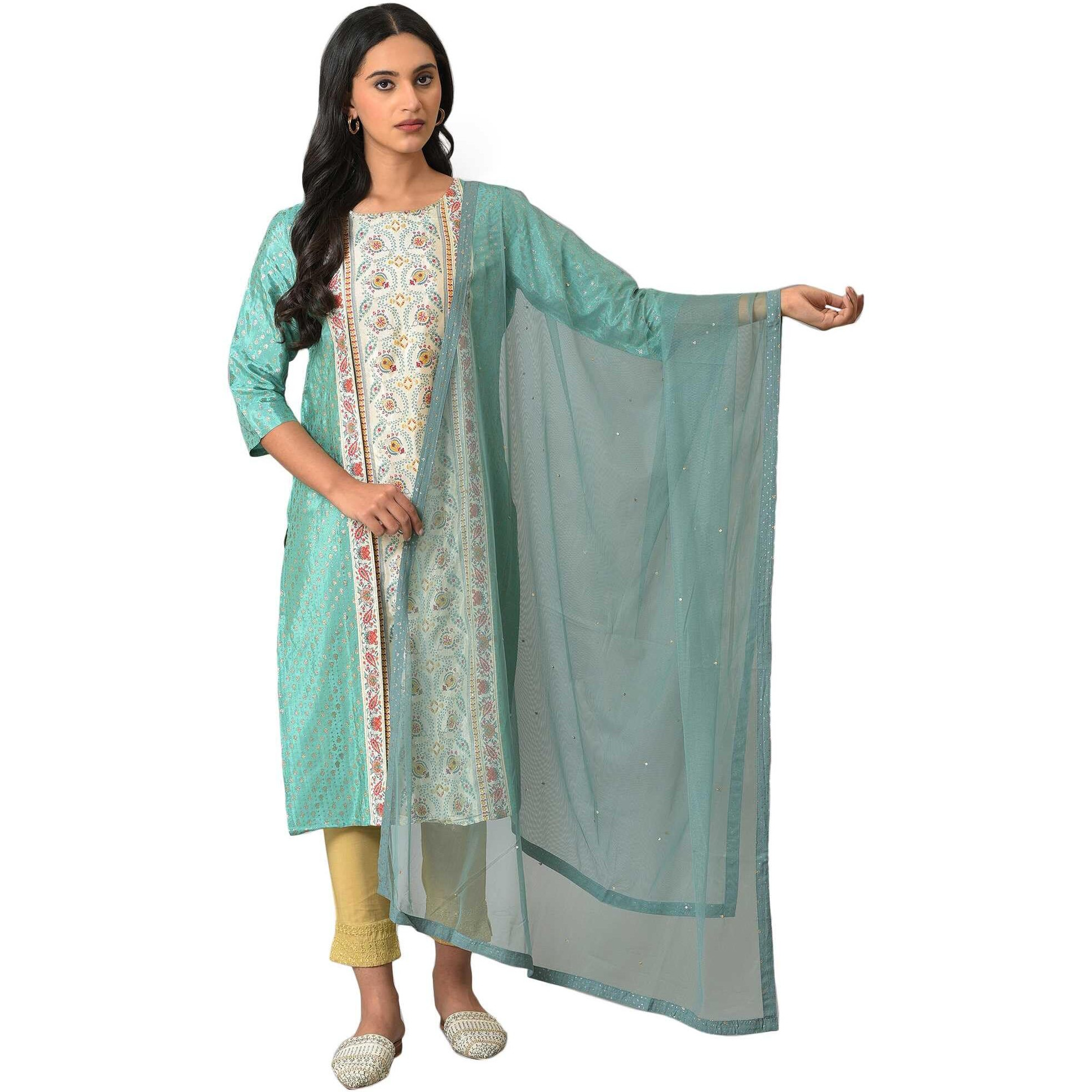 W For Woman Women Polyester Aqua Blue Mesh Dupatta With Sequins_22Auw81504-217819_Free Size
