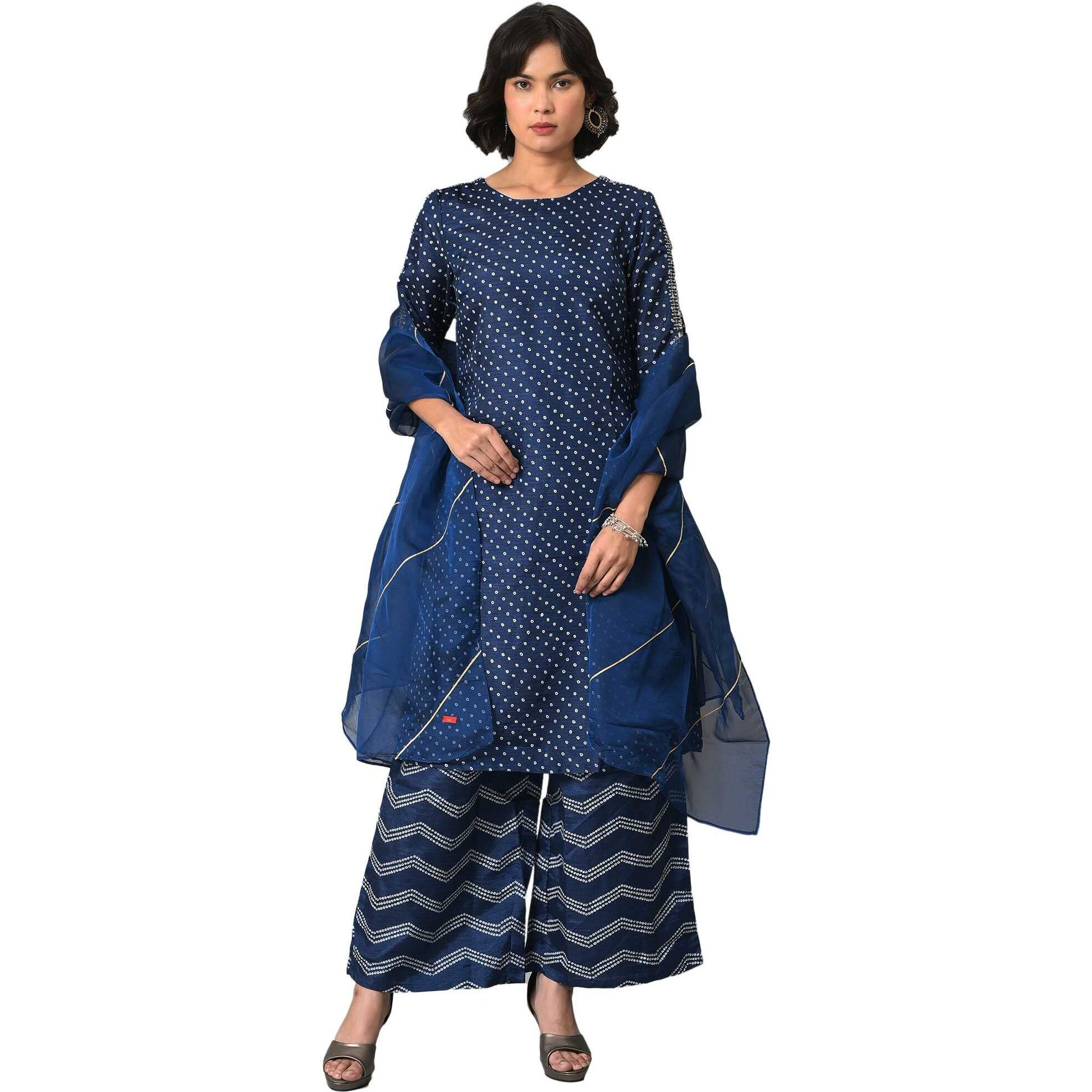 W For Woman Blue Bandhani Printed Kurta With Bandhani Pants And Organza Dupatta