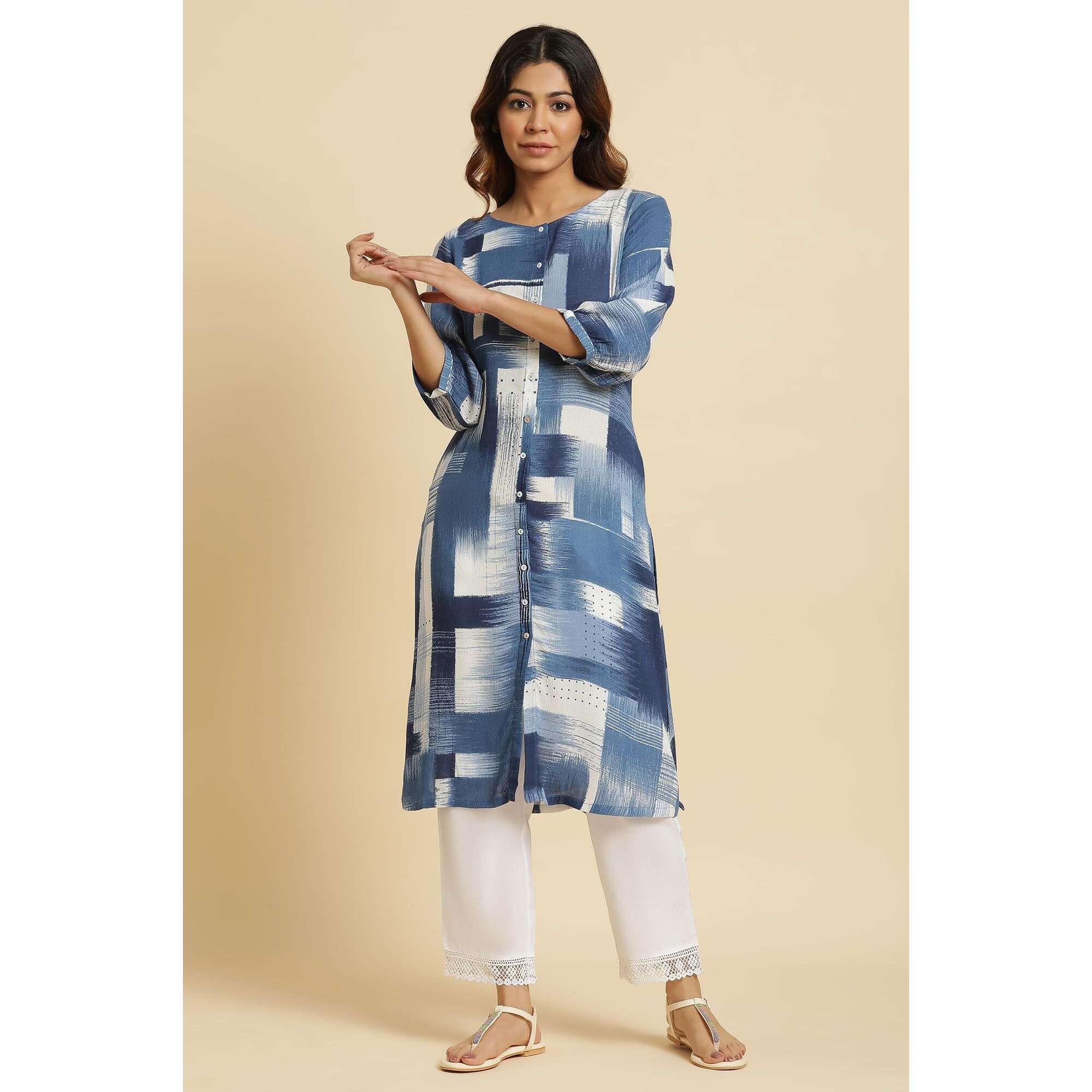 W For Woman Blue Abstract Regular Kurta With Kantha
