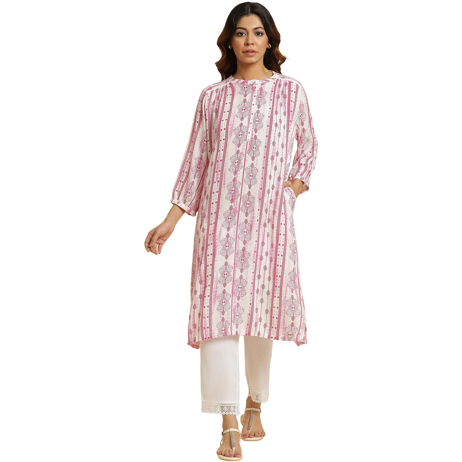 W Geometric Printed Pattern Regular Kurta In Pink For Women