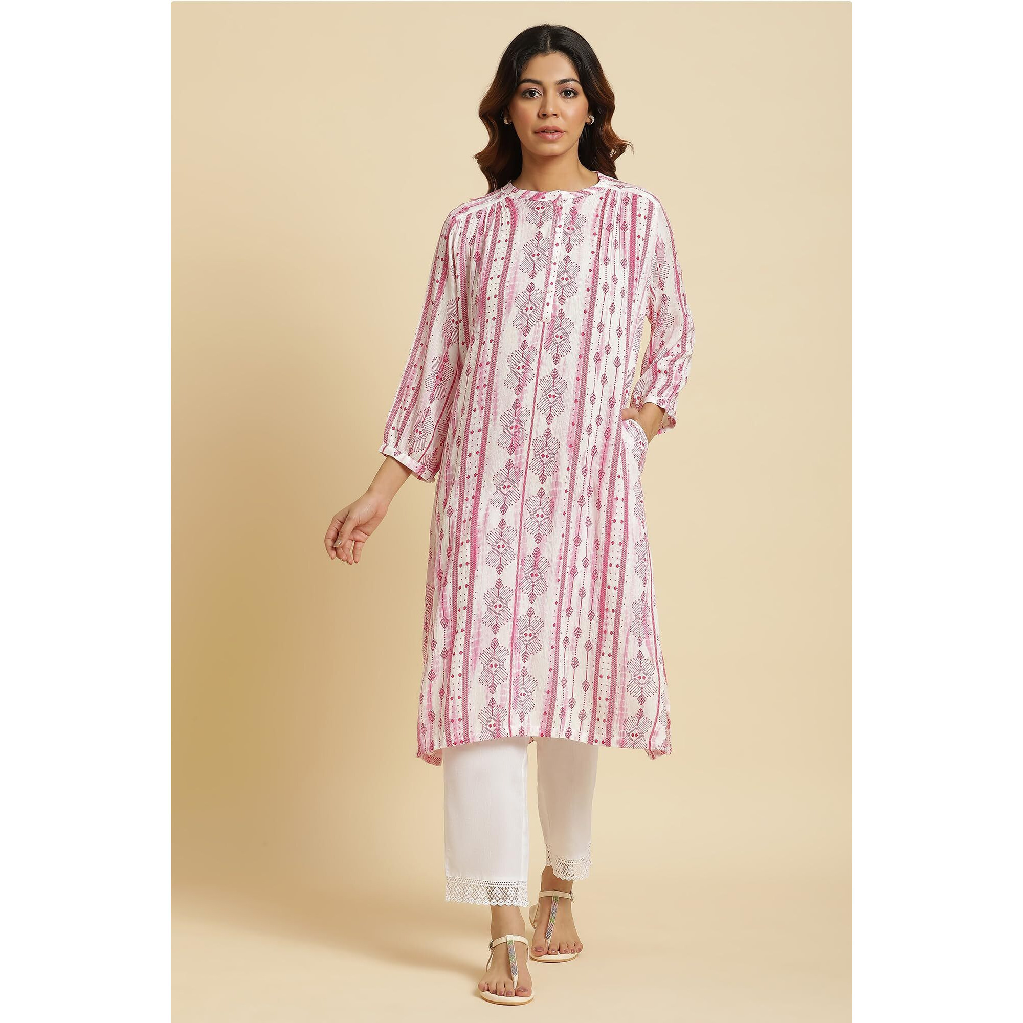 W Geometric Printed Pattern Regular Kurta In Pink For Women