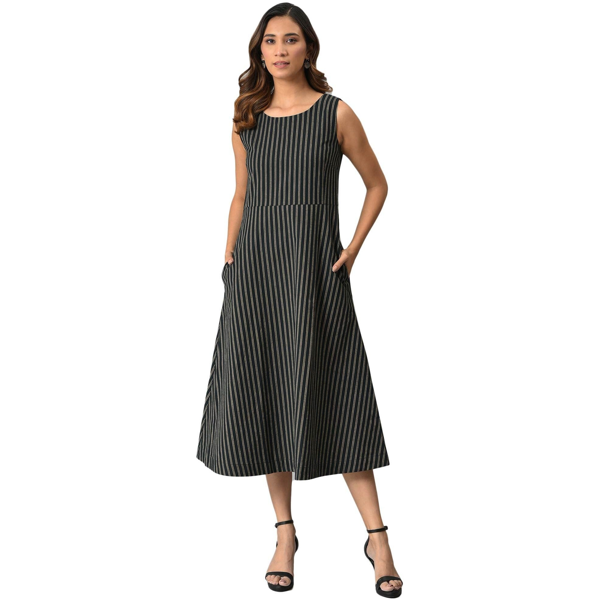 W For Woman Women's Cotton Black Striped Long Sleeveless Dress Calf Length 22Auw18387-830185