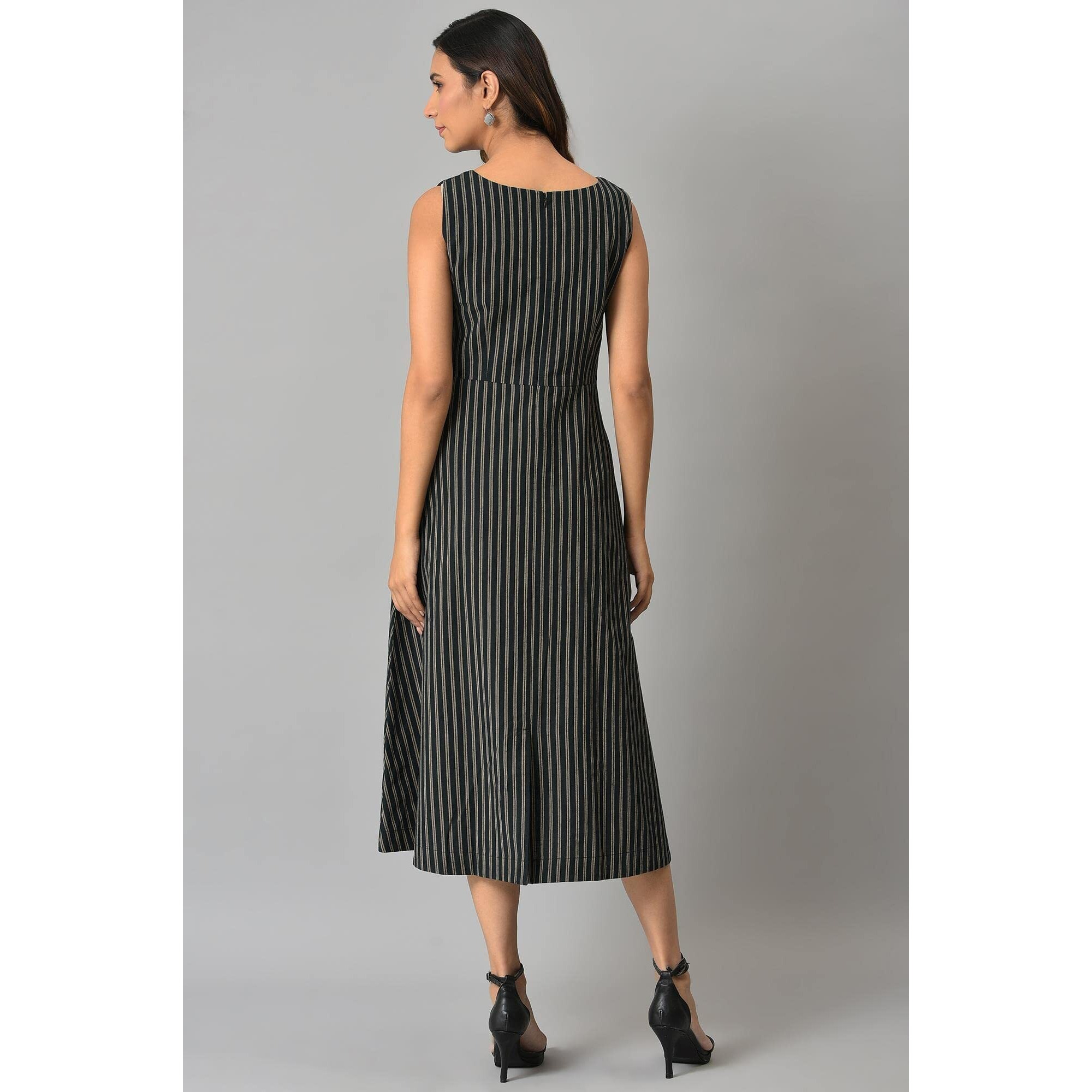 W For Woman Women's Cotton Black Striped Long Sleeveless Dress Calf Length 22Auw18387-830185