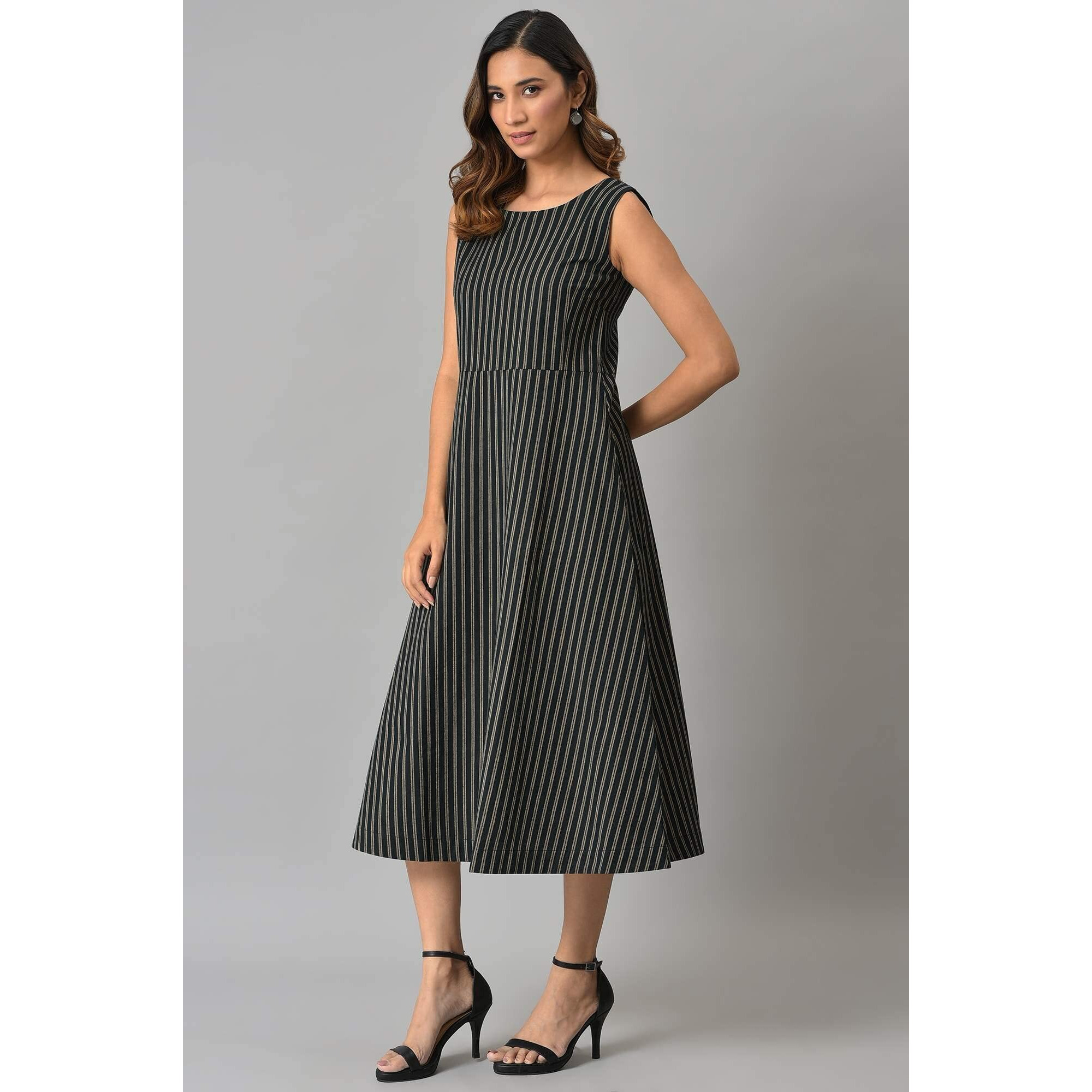 W For Woman Women's Cotton Black Striped Long Sleeveless Dress Calf Length 22Auw18387-830185
