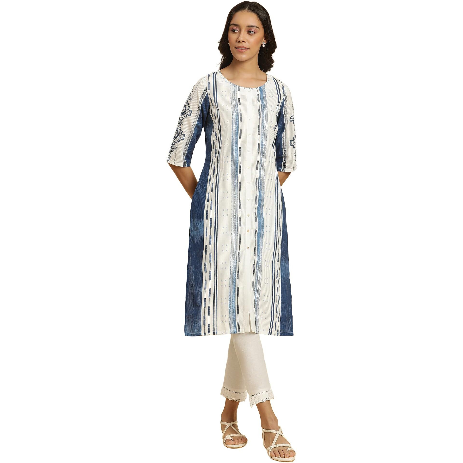 W For Woman White & Blue Kantha Printed Kurta (Size S)-23Auw19910-121803