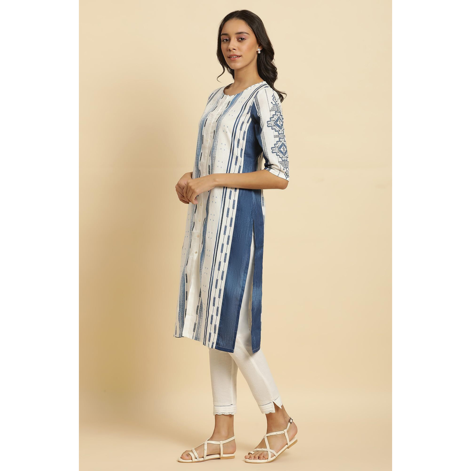 W For Woman White & Blue Kantha Printed Kurta (Size S)-23Auw19910-121803