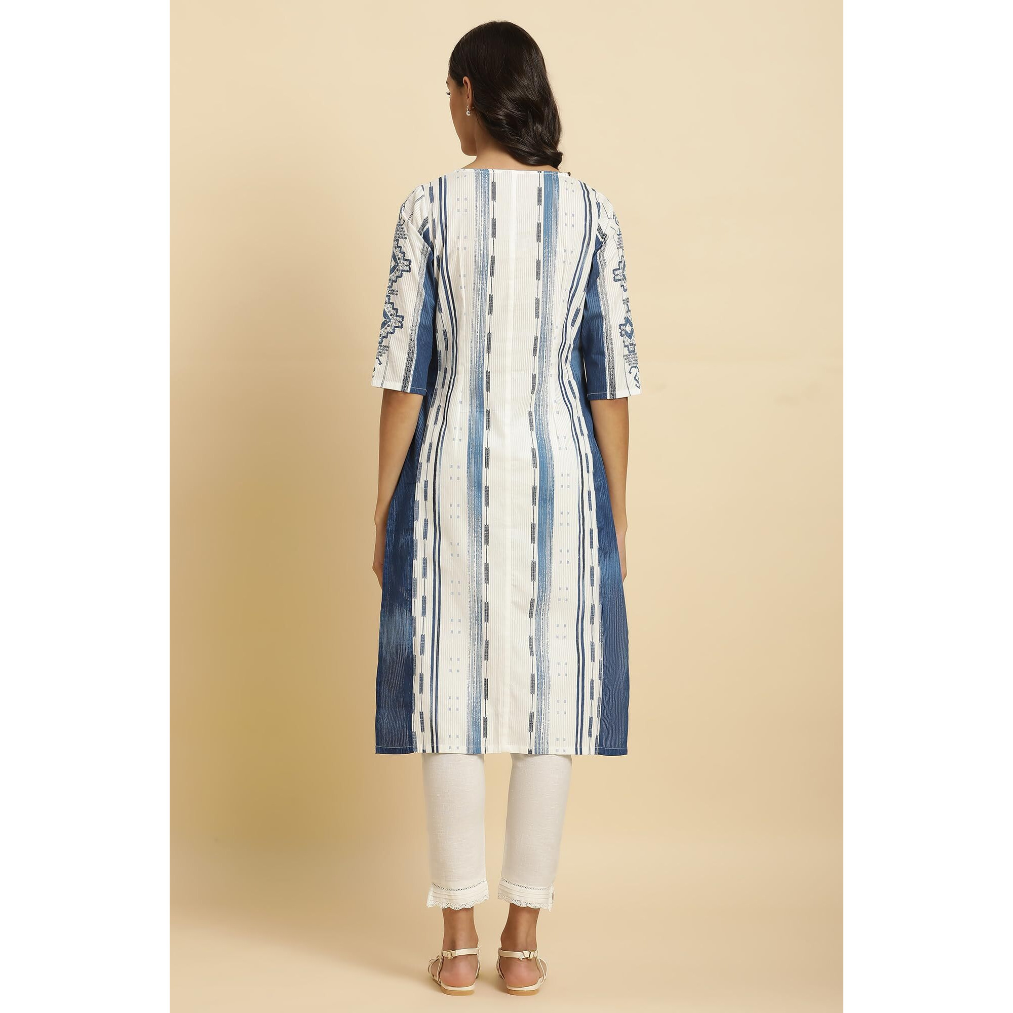 W For Woman White & Blue Kantha Printed Kurta (Size S)-23Auw19910-121803