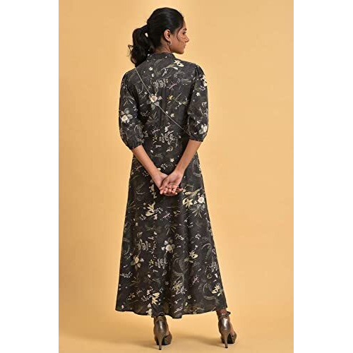 W For Woman Women's Rayon Black Printed Shirt Dress With Floral Embroidery Ankle Length (22Auw18392-810284 10)