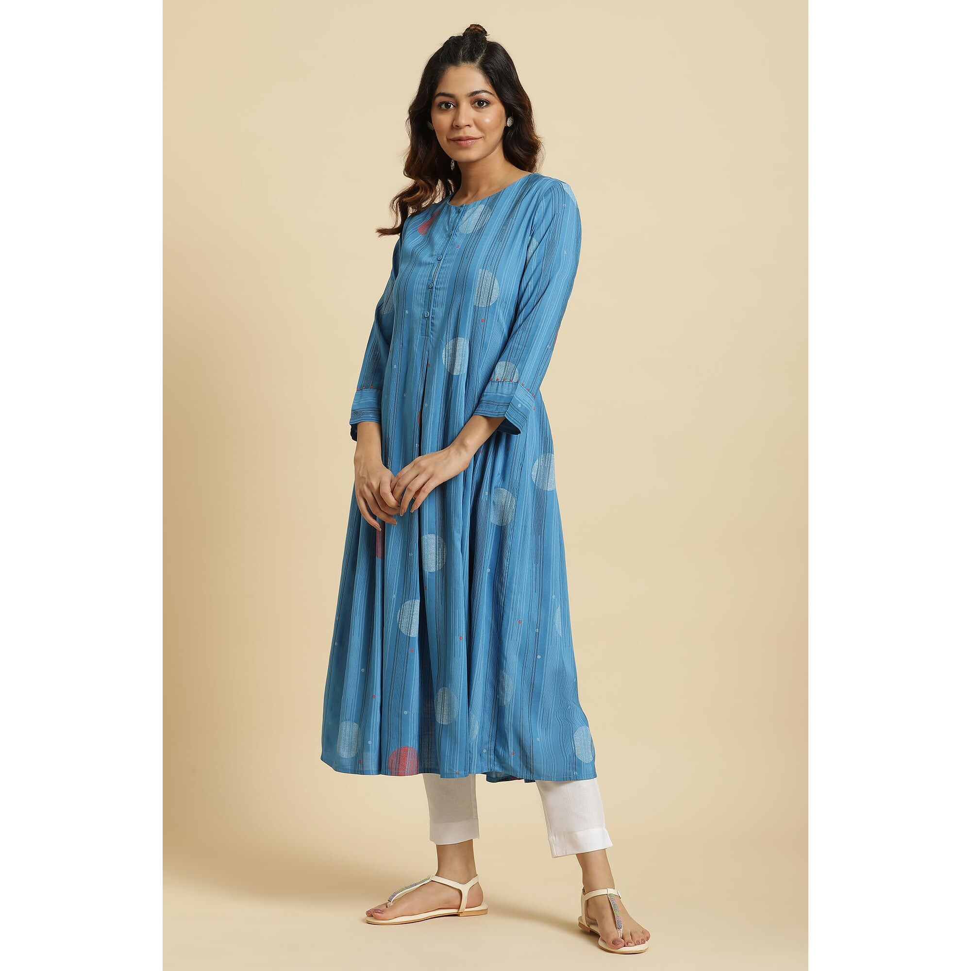 W For Woman Blue Box Pleats Kurta With Kantha Details (Size Xs)-23Auw19911-121814