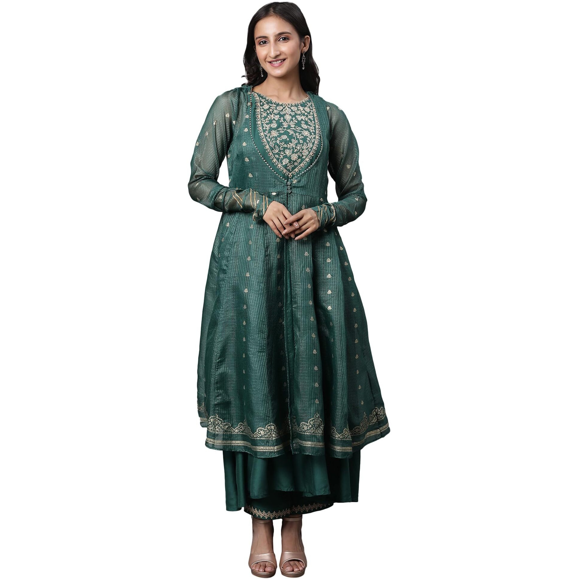 W For Woman Green Layered Anakali Kurta And Slim Pant Set (Size Xl)-23Auws19791-119519