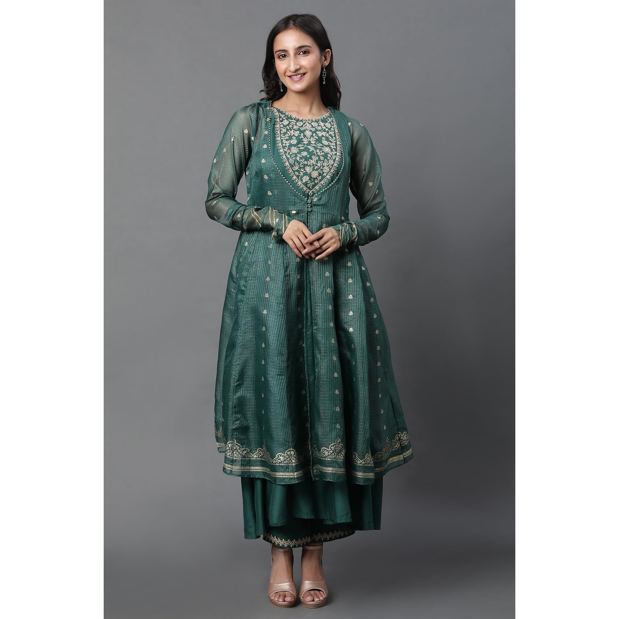 W For Woman Green Layered Anakali Kurta And Slim Pant Set (Size Xl)-23Auws19791-119519