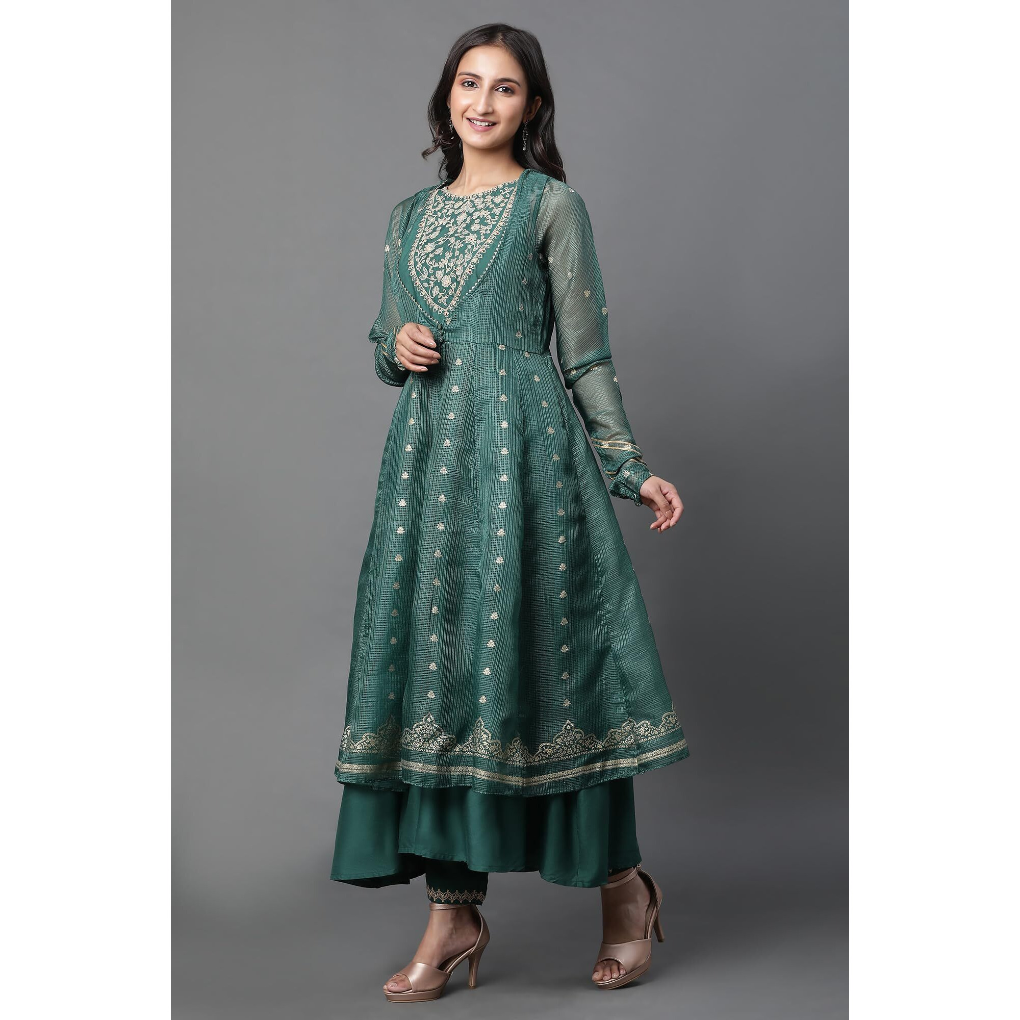 W For Woman Green Layered Anakali Kurta And Slim Pant Set (Size Xl)-23Auws19791-119519