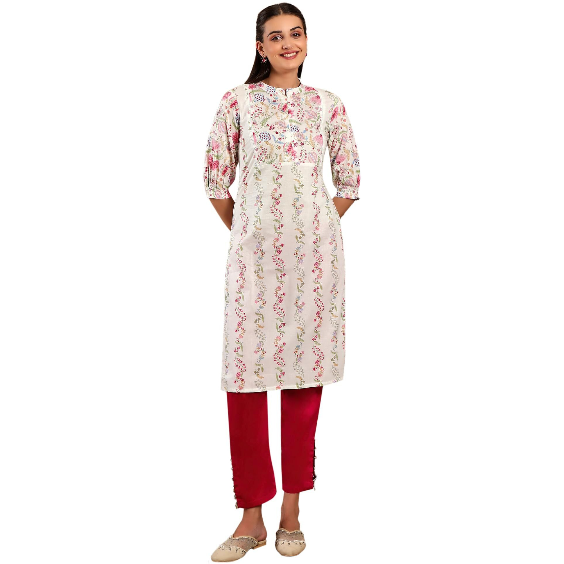 W For Woman White Floral Printed Pure Cotton Straight Kurta With Gathered Sleeves