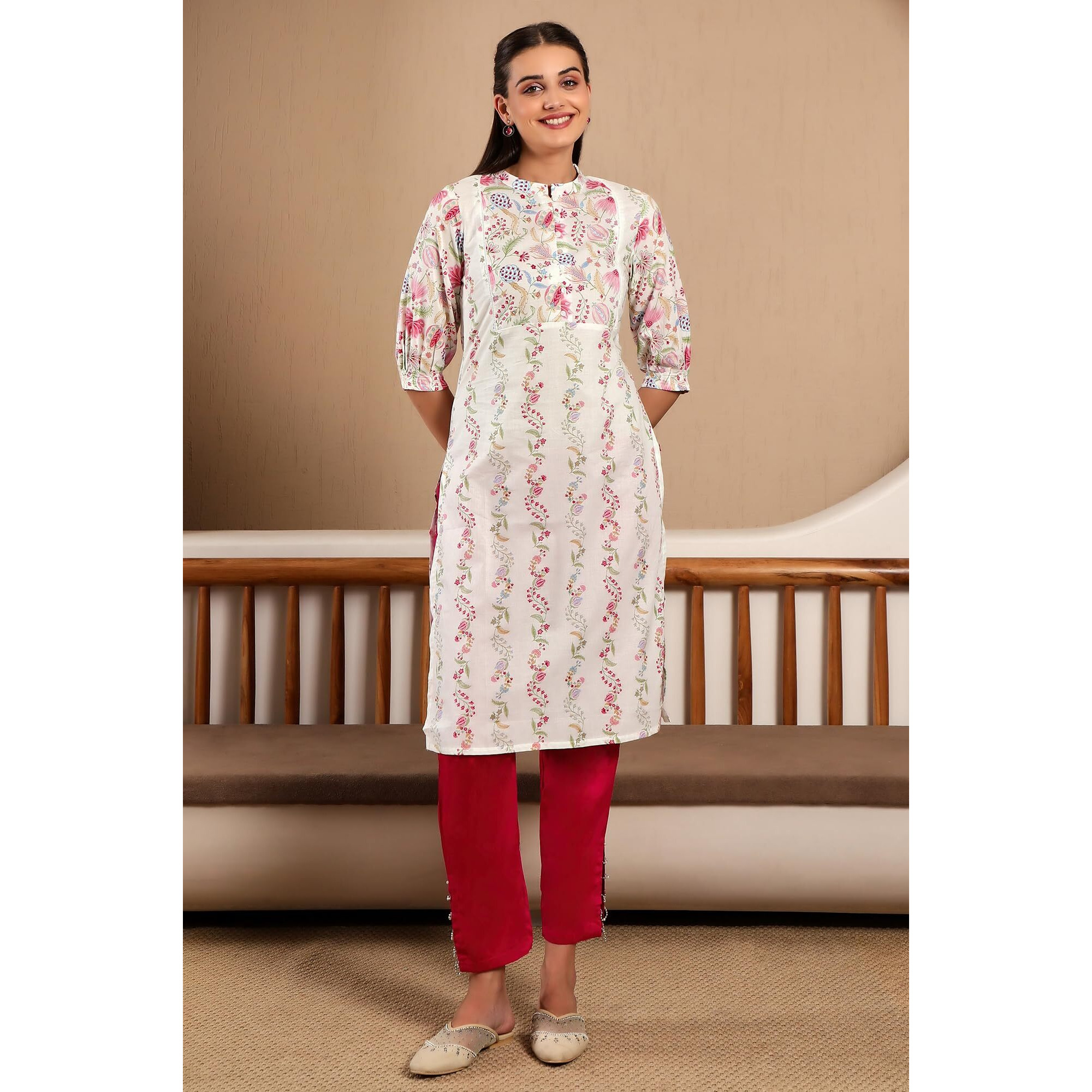 W For Woman White Floral Printed Pure Cotton Straight Kurta With Gathered Sleeves