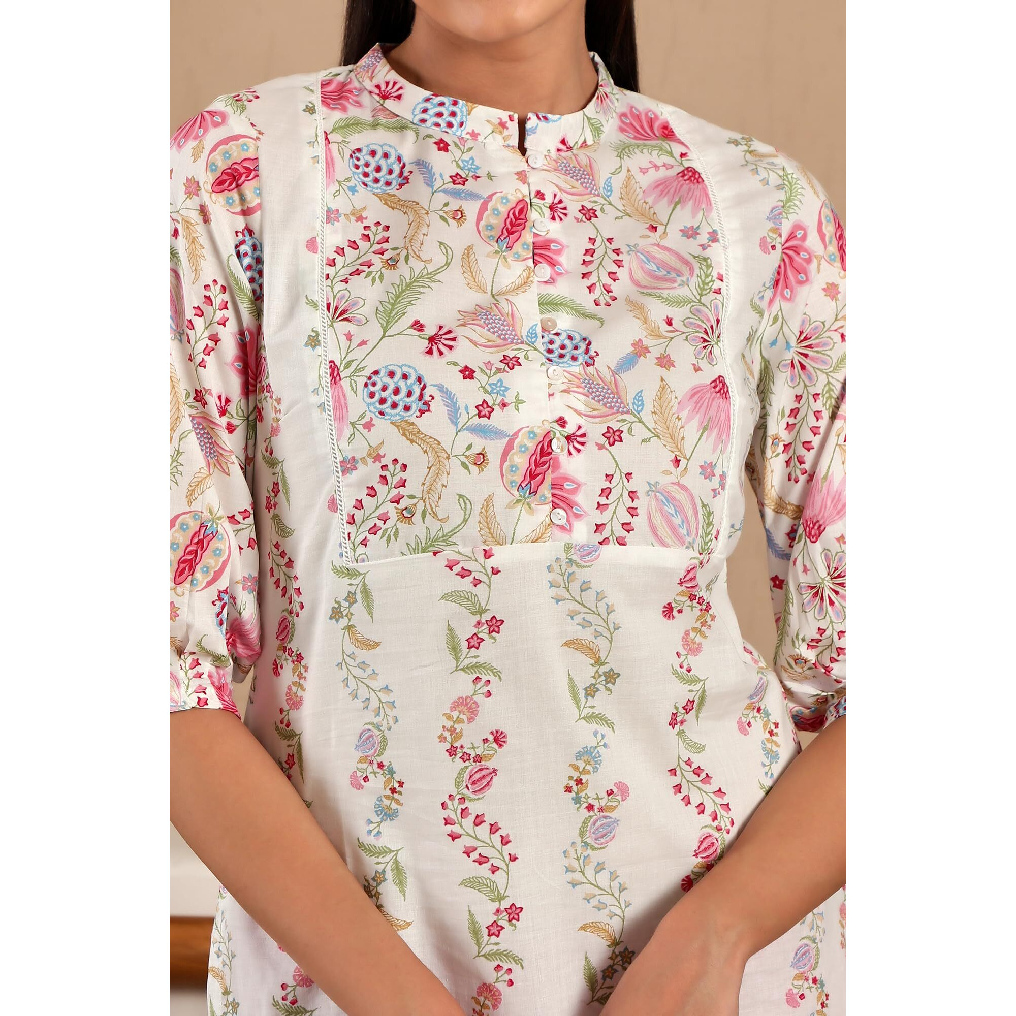 W For Woman White Floral Printed Pure Cotton Straight Kurta With Gathered Sleeves