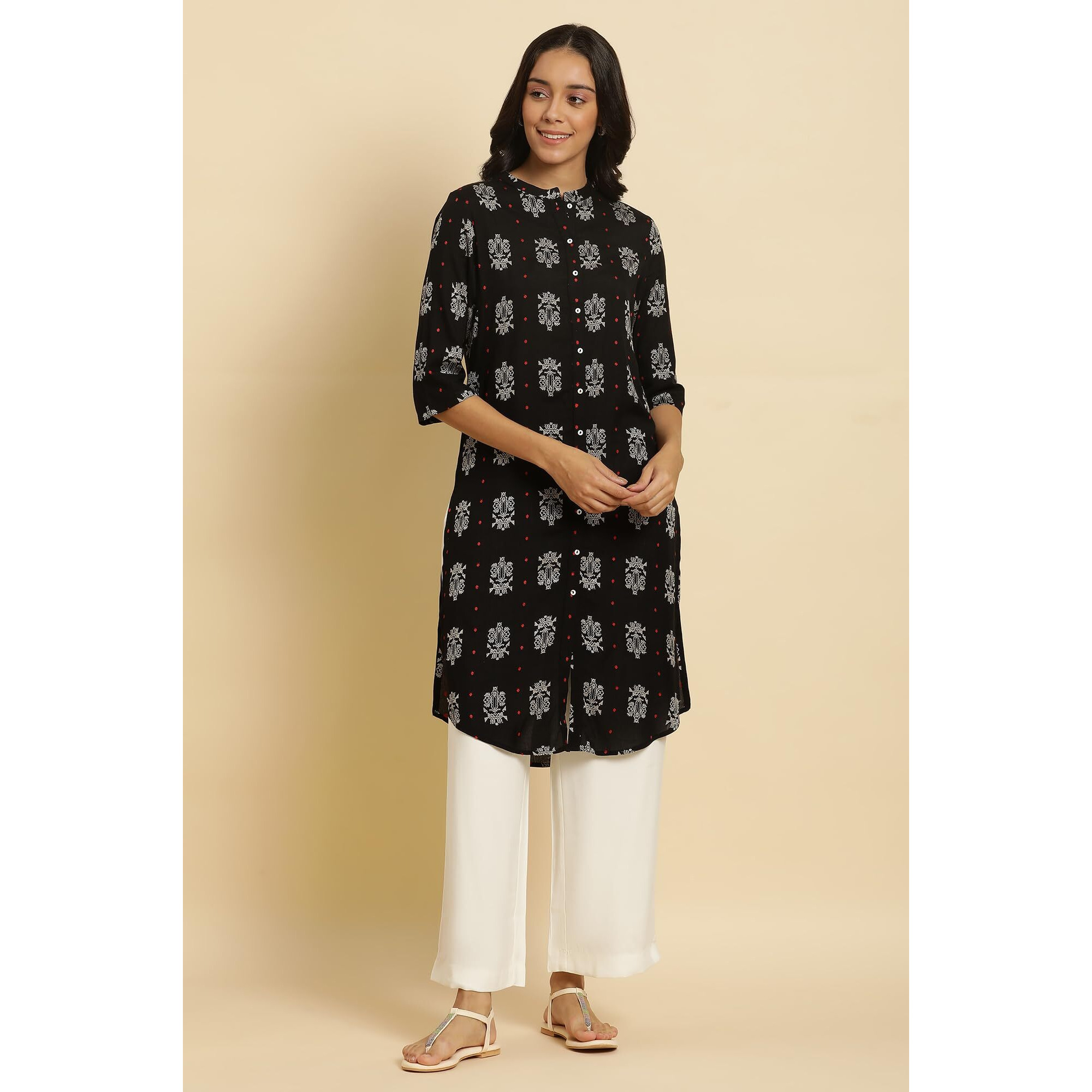 W For Woman Women's Rayon Geometric Regular Kurta (23Auw19455-312859_Black