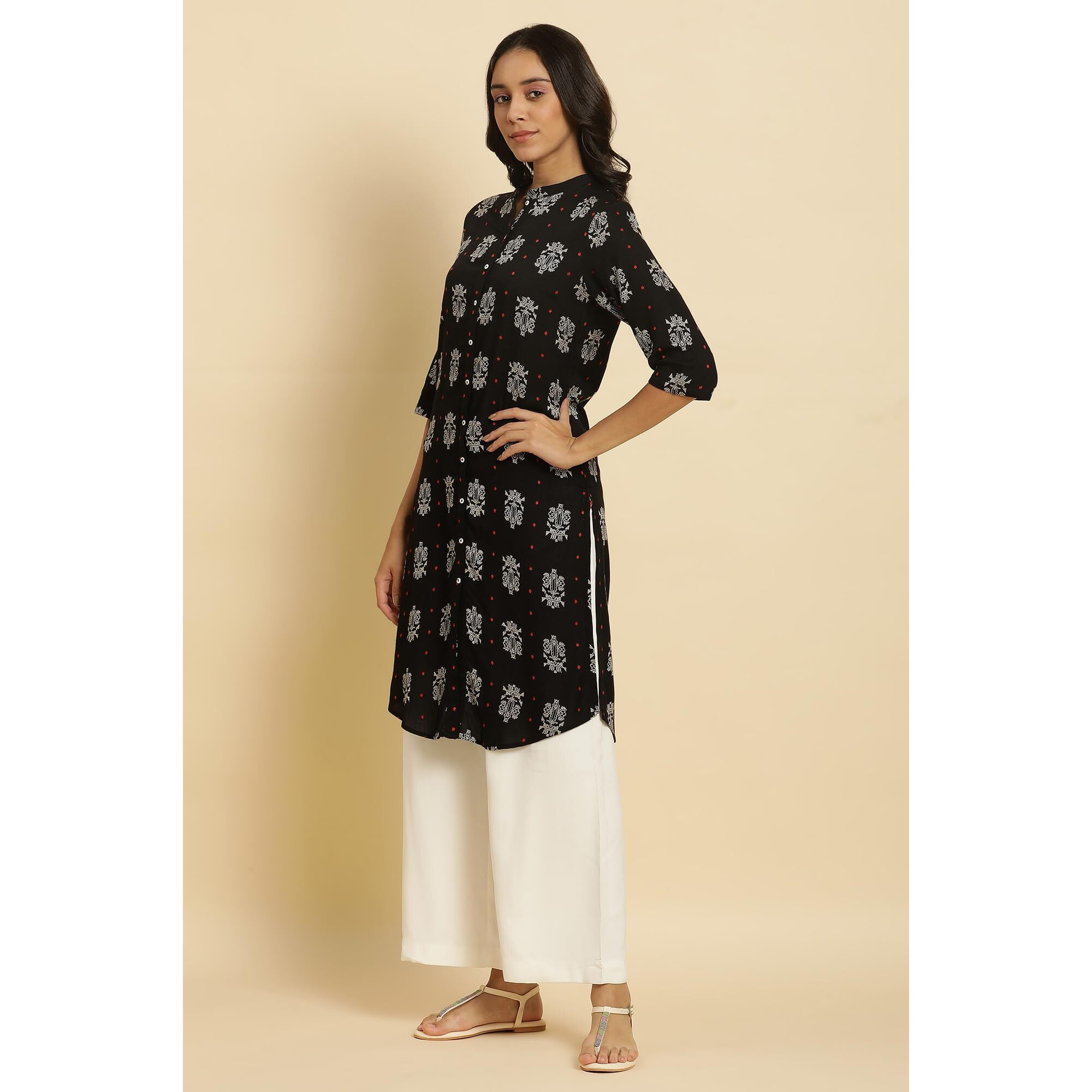 W For Woman Women's Rayon Geometric Regular Kurta (23Auw19455-312859_Black