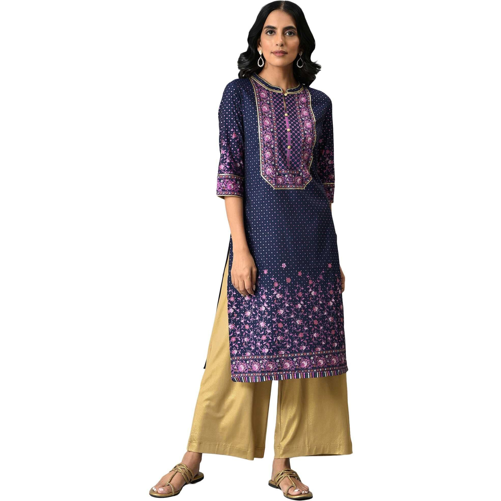 Navy Floral Printed Sequined Ethnic Liva Kurta