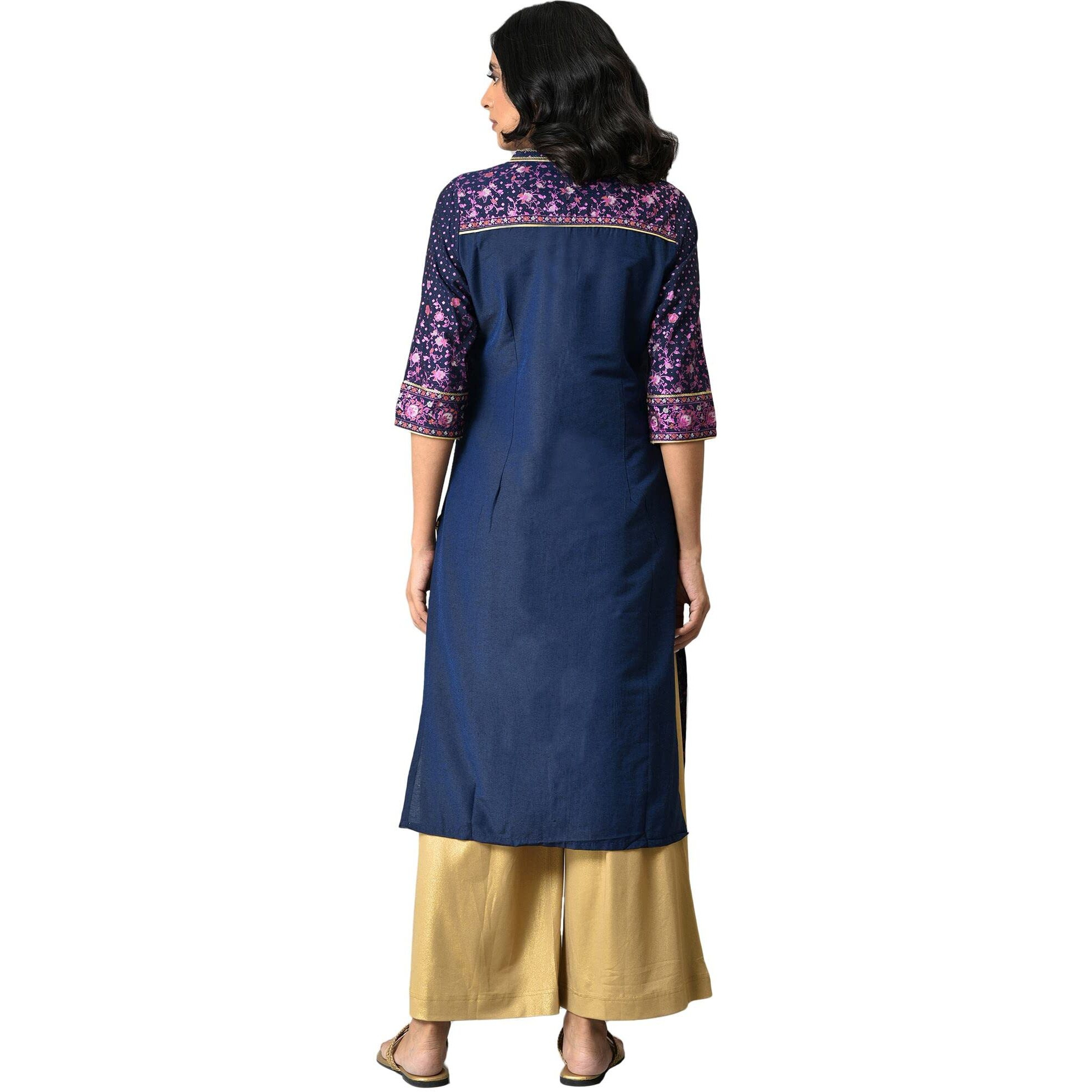Navy Floral Printed Sequined Ethnic Liva Kurta