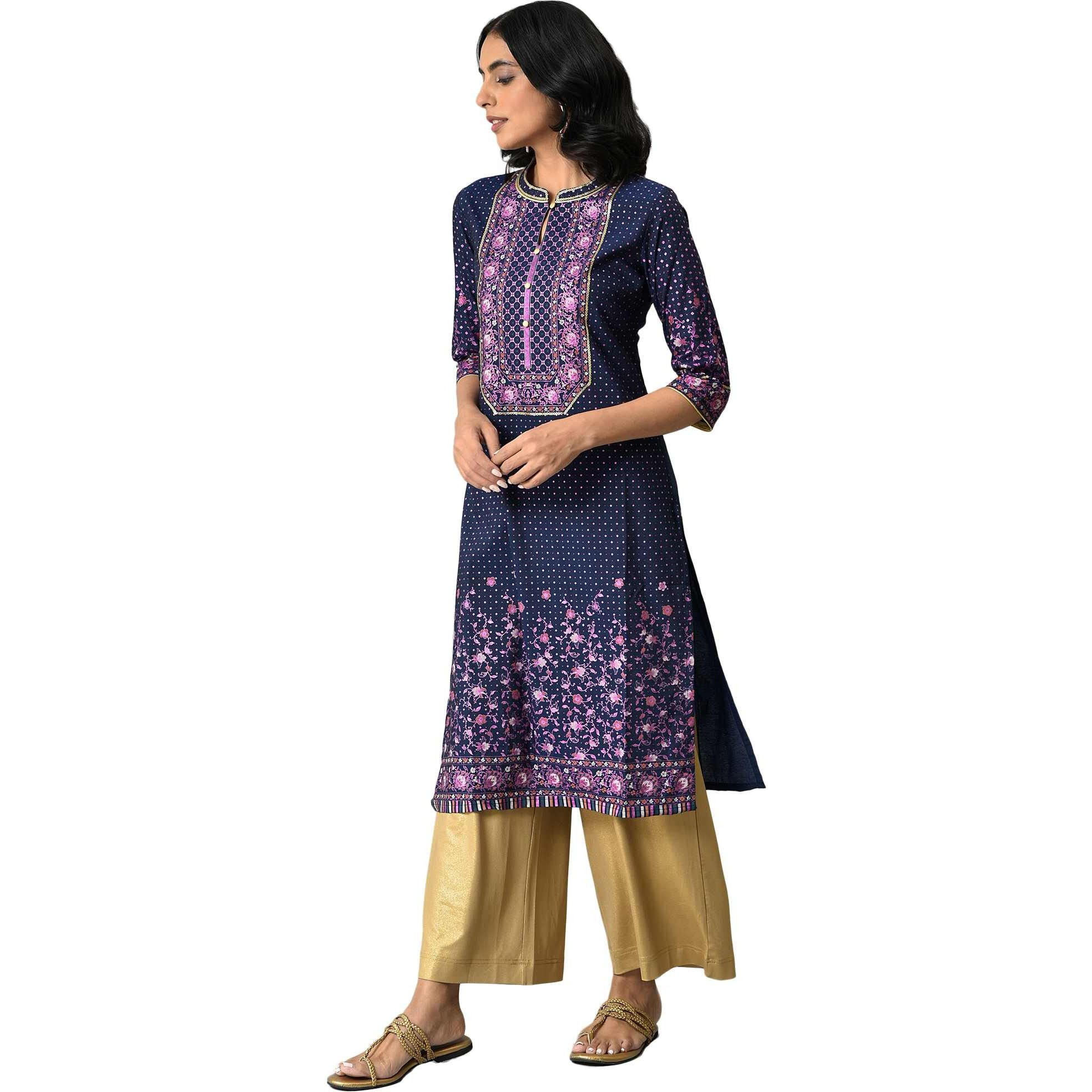 Navy Floral Printed Sequined Ethnic Liva Kurta