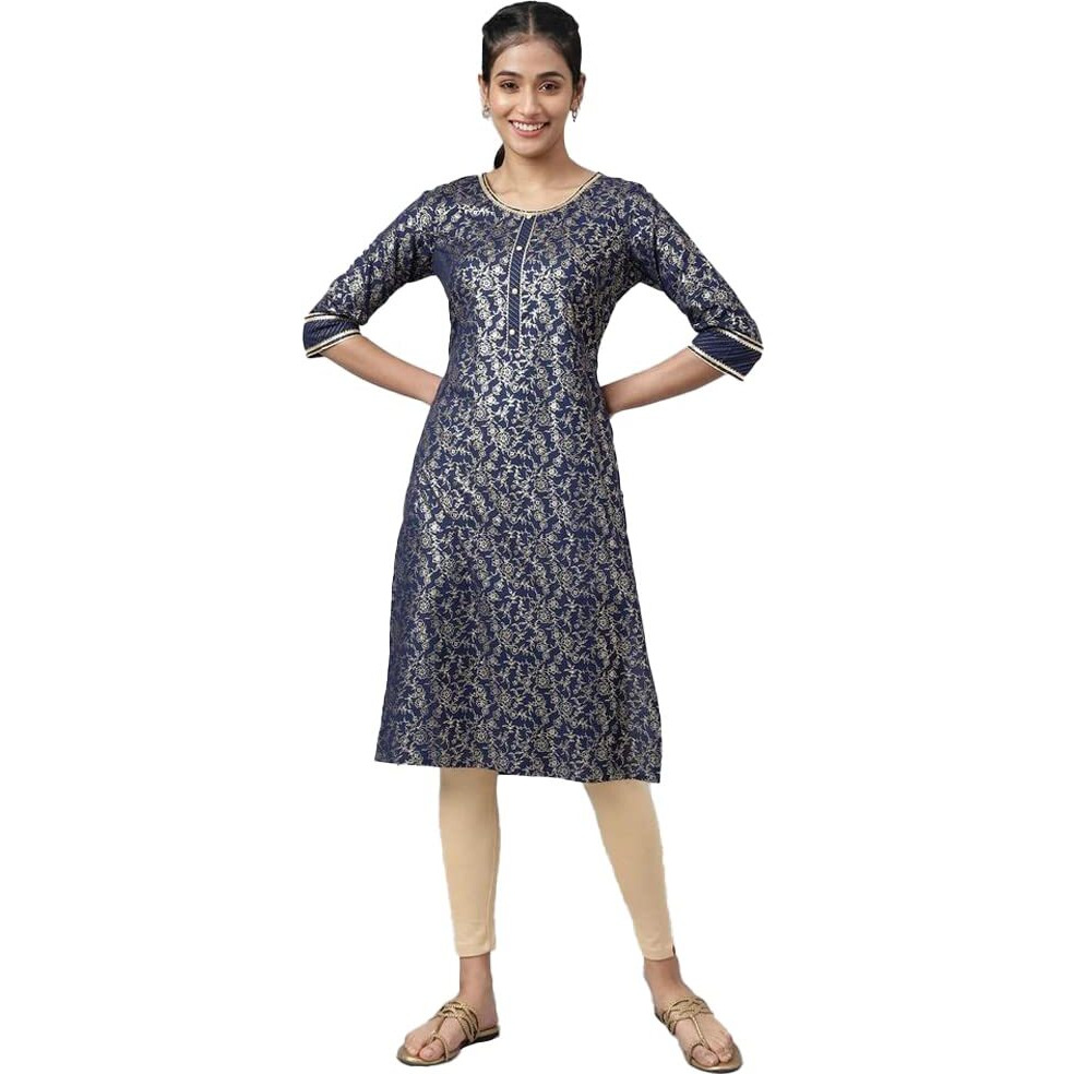Aurelia Floral Viscose Round Neck Womens Kurta (Navy, Large)