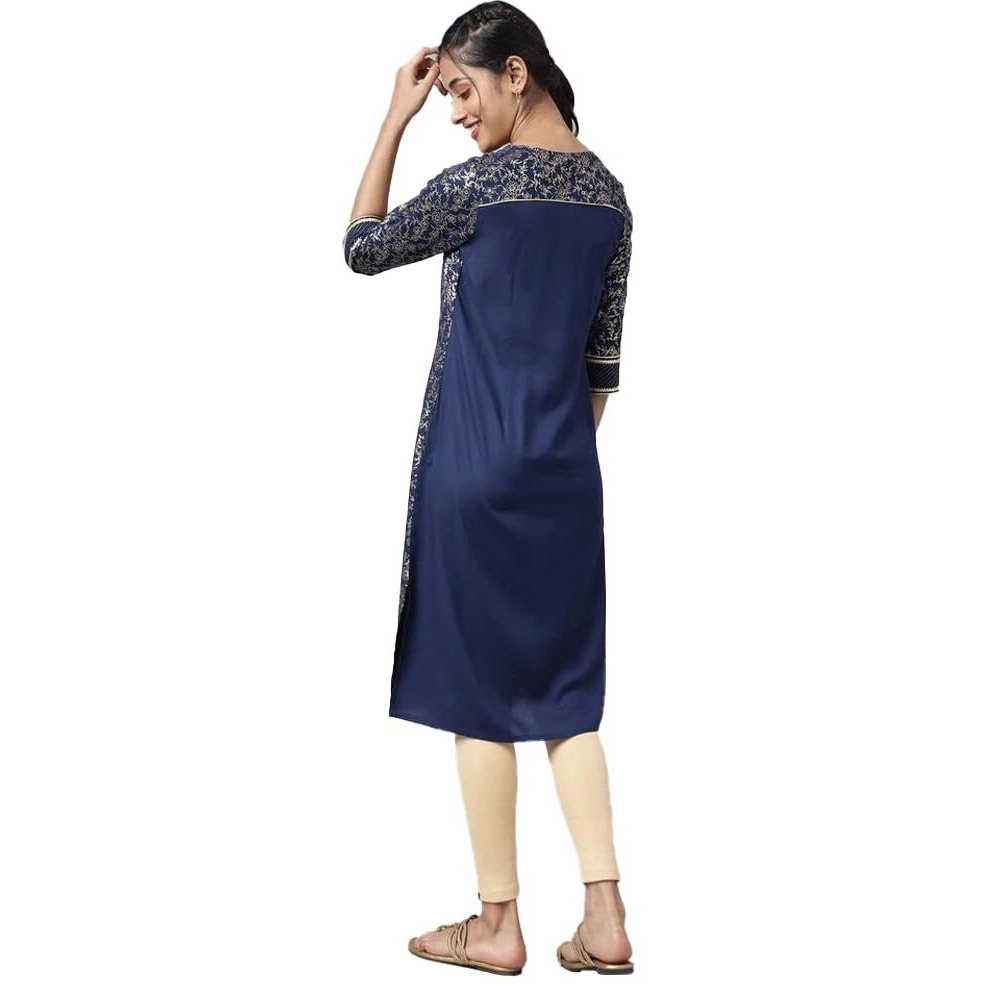 Aurelia Floral Viscose Round Neck Womens Kurta (Navy, Large)