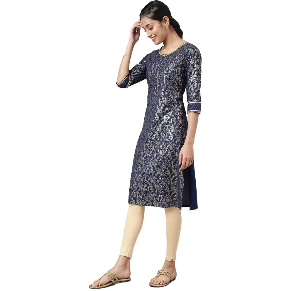 Aurelia Floral Viscose Round Neck Womens Kurta (Navy, Large)