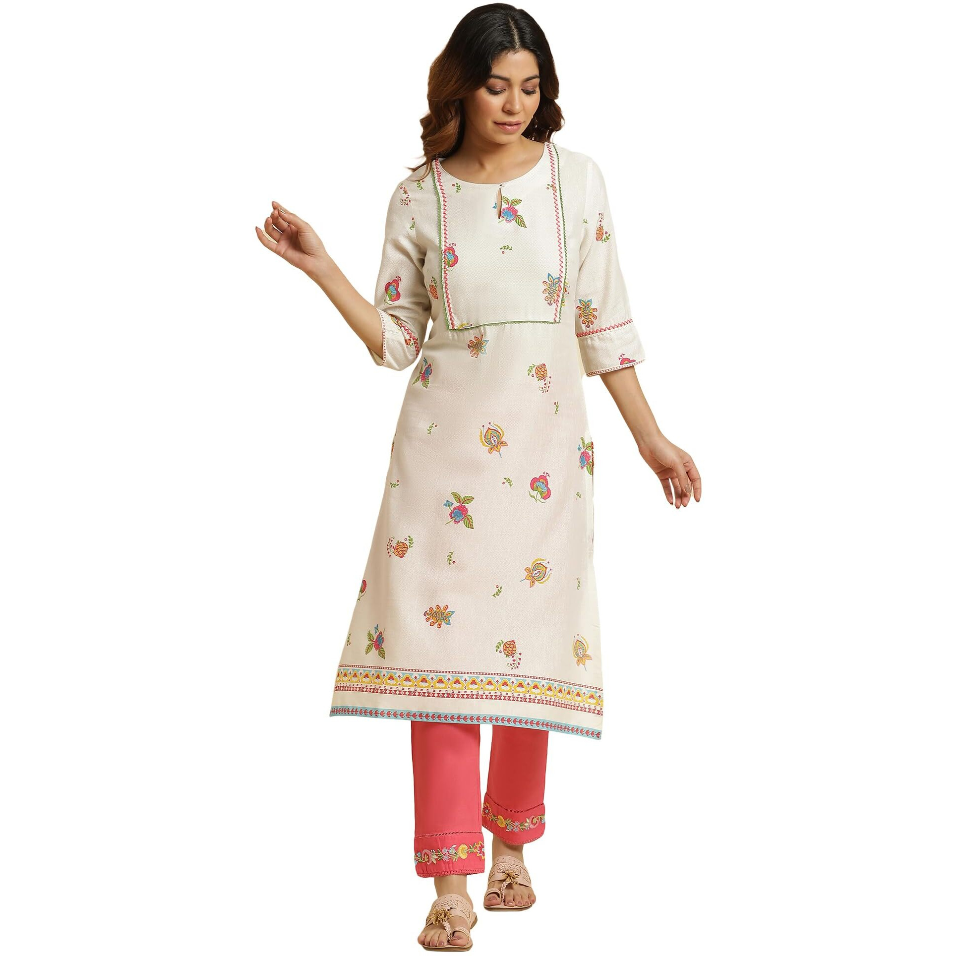W For Woman White Straight Kurta With Multi-Coloured Floral Print_23Auw19750-121213_Xl_14