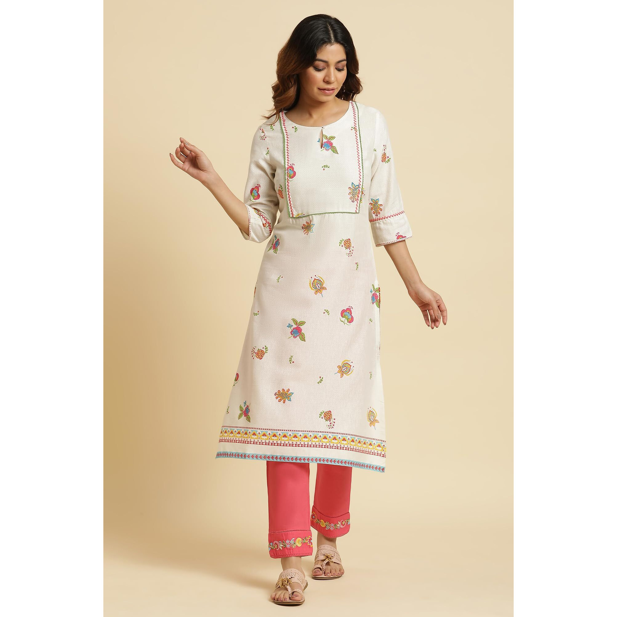 W For Woman White Straight Kurta With Multi-Coloured Floral Print_23Auw19750-121213_Xl_14