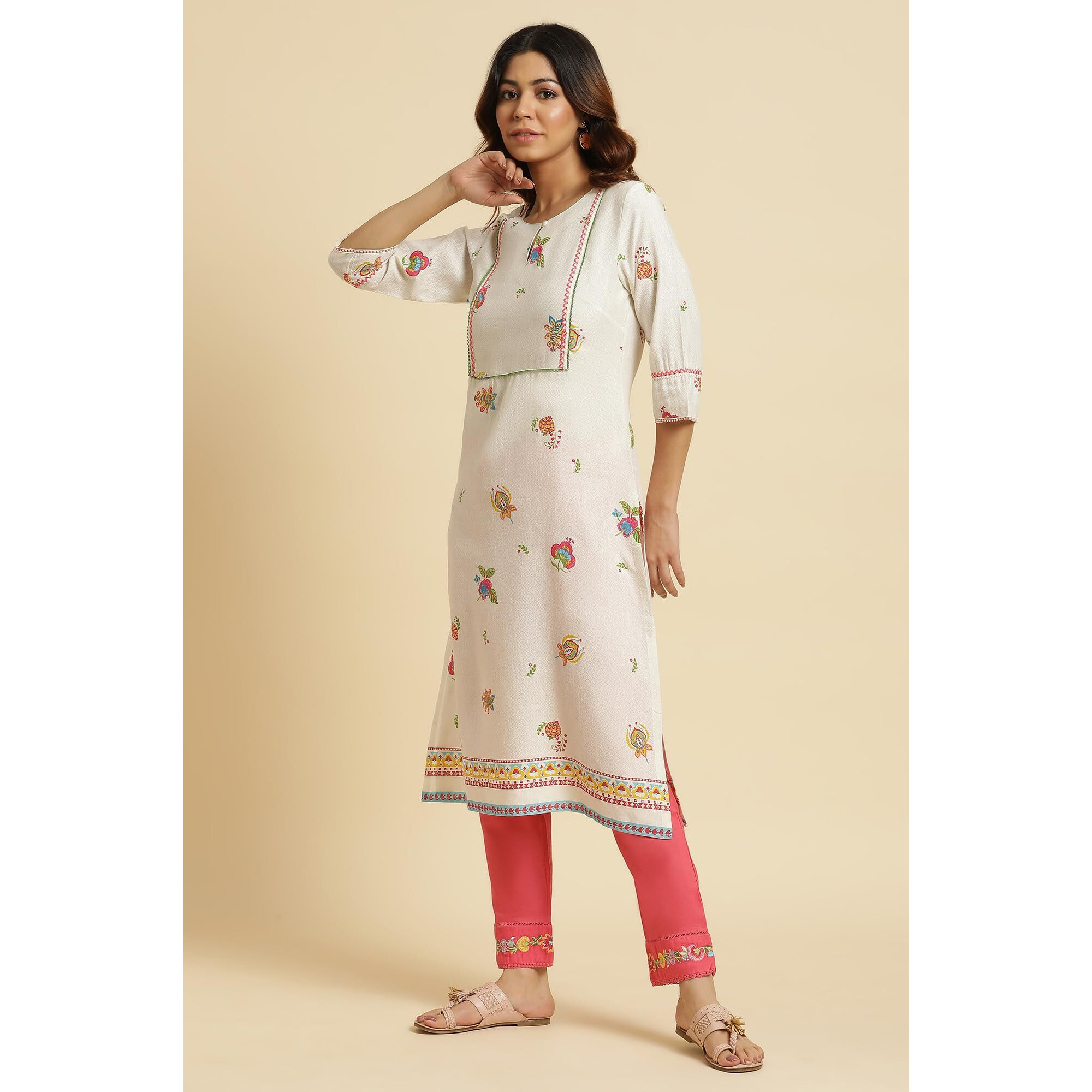 W For Woman White Straight Kurta With Multi-Coloured Floral Print_23Auw19750-121213_Xl_14