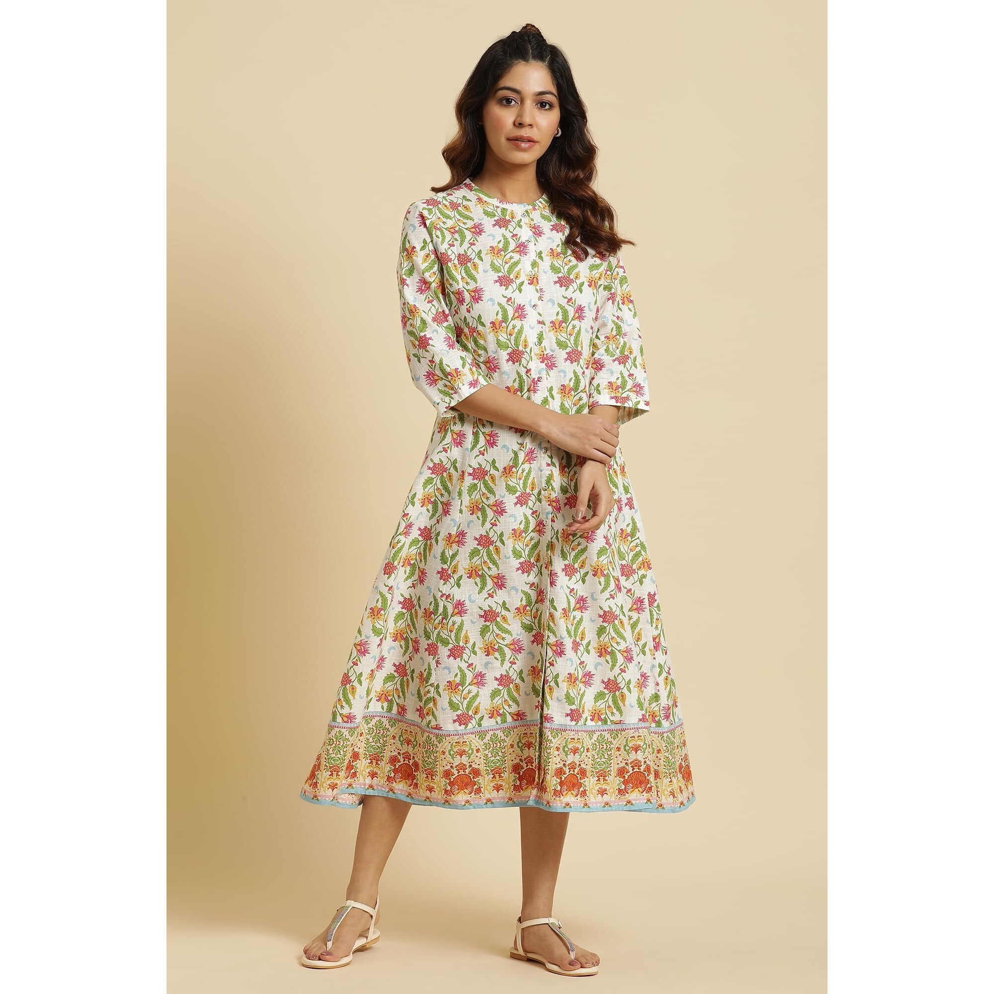 W For Woman Women's Cotton Fit And Flare Calf Length Dress (23Auw19743-121228_Ecru