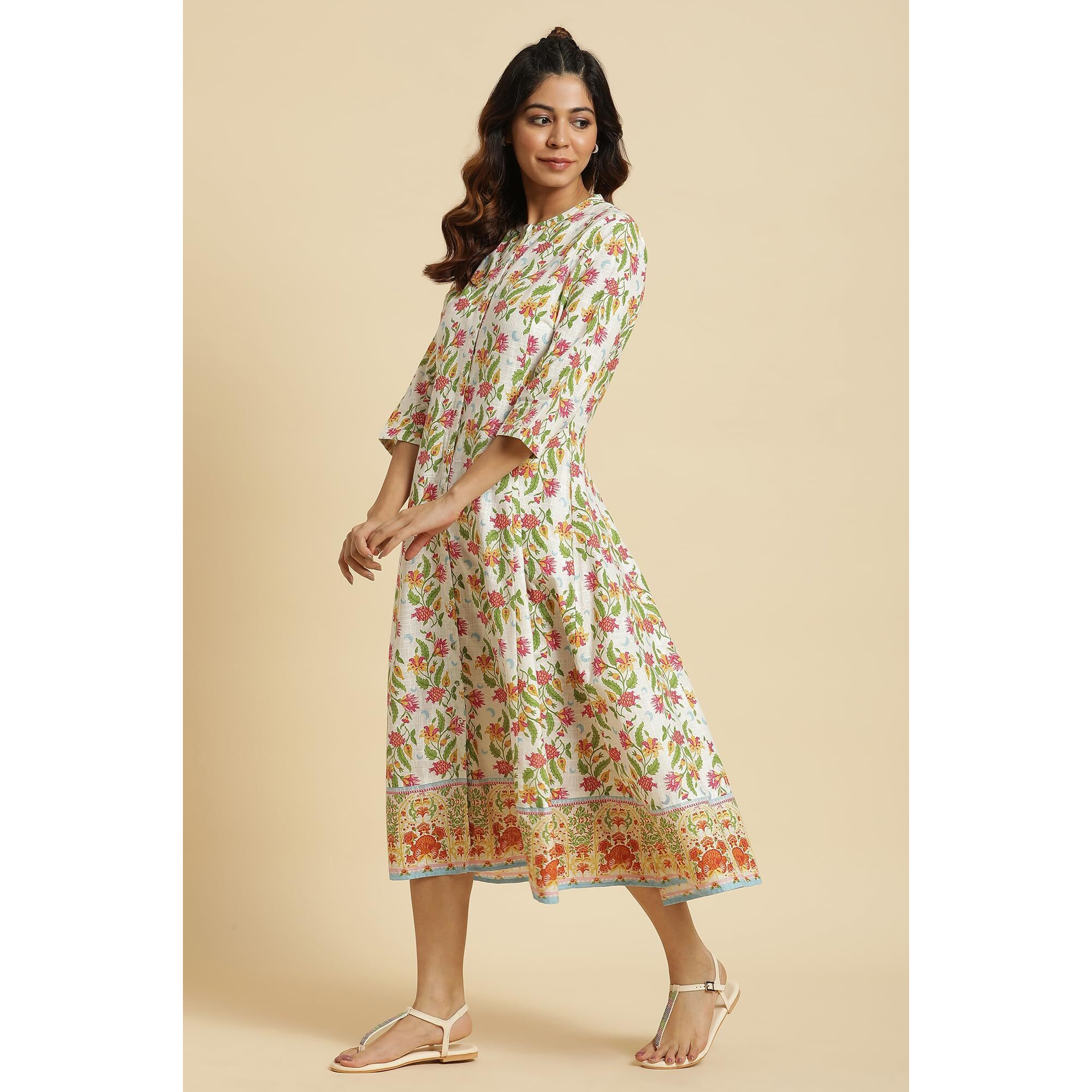 W For Woman Women's Cotton Fit And Flare Calf Length Dress (23Auw19743-121228_Ecru
