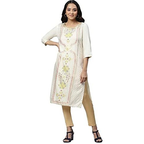 Aurelia Floral Viscose Rayon Round Neck Women's Kurtas (White, Medium)