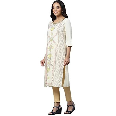 Aurelia Floral Viscose Rayon Round Neck Women's Kurtas (White, Medium)