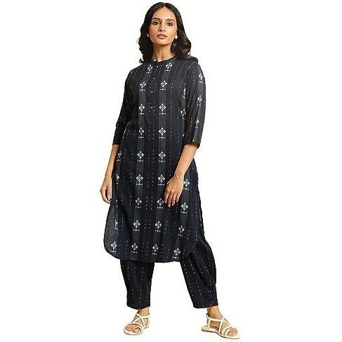 W For Woman Navy Blue Printed Cotton Kurta & Pleated Pants Set (Size 2Xl)-23Auws19908-312956