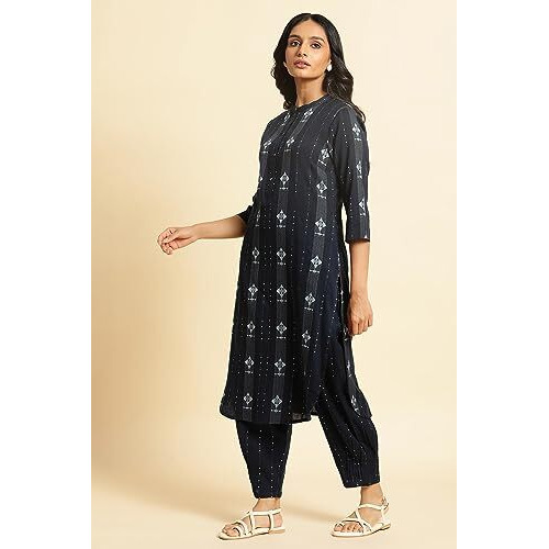 W For Woman Navy Blue Printed Cotton Kurta & Pleated Pants Set (Size 2Xl)-23Auws19908-312956