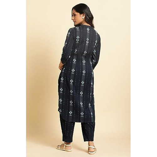 W For Woman Navy Blue Printed Cotton Kurta & Pleated Pants Set (Size 2Xl)-23Auws19908-312956