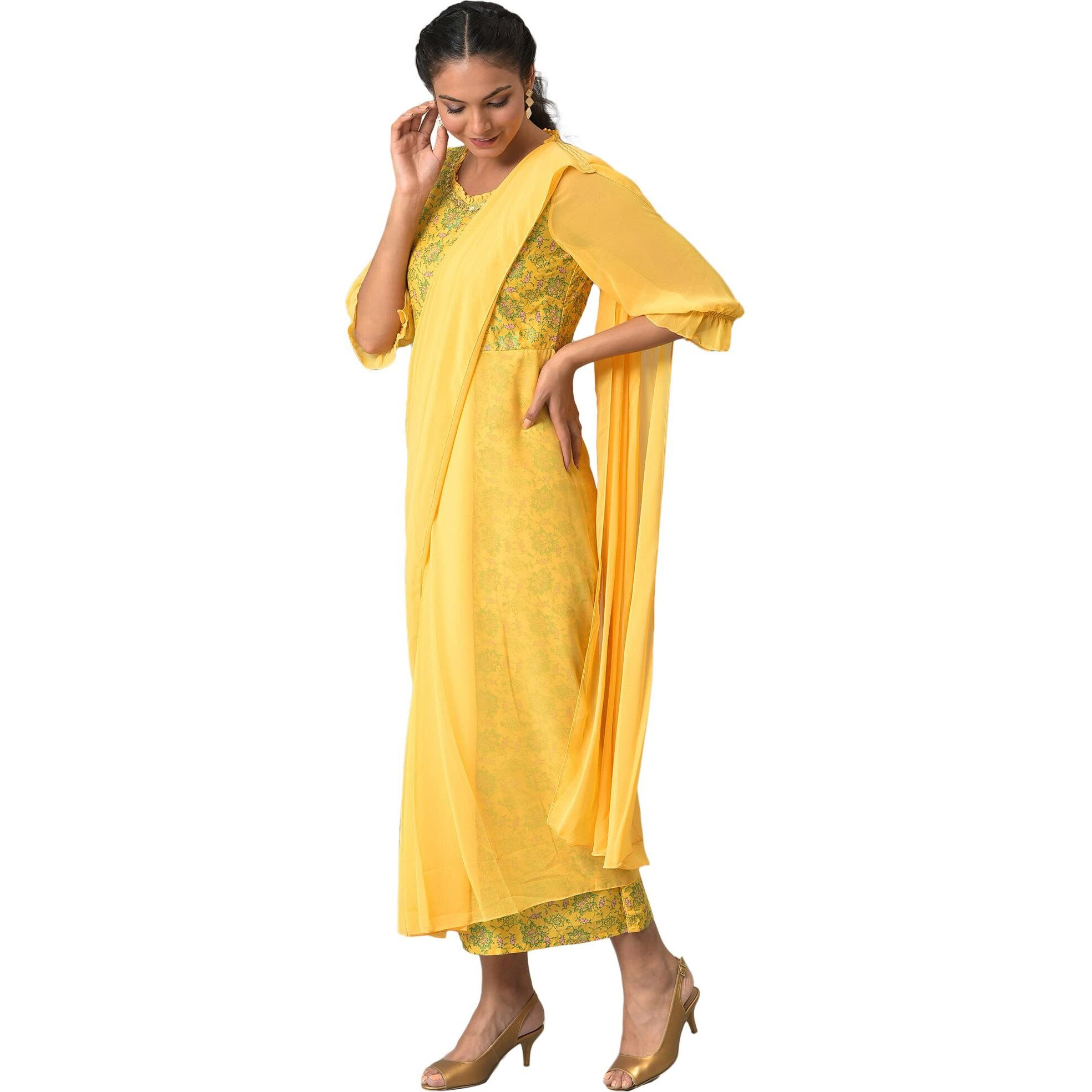 Aurelia Women's Polyester Fit And Flare Knee-Length Casual Dress (22Aua13600-505307_Yellow