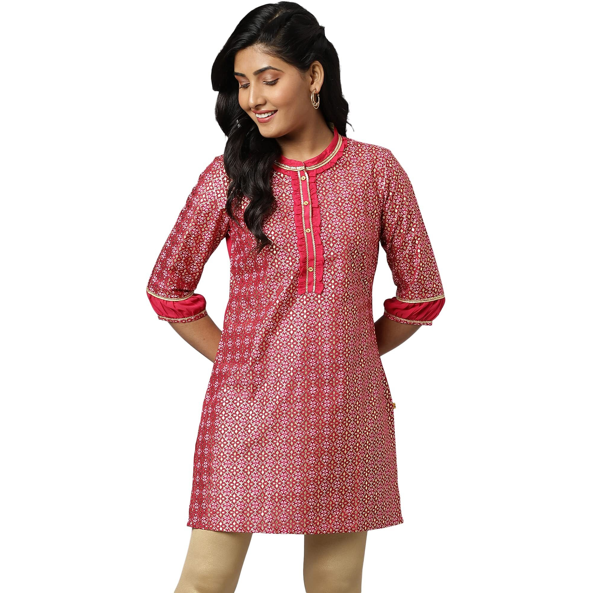 Pink Floral Printed Sequined Ethnic Kurta