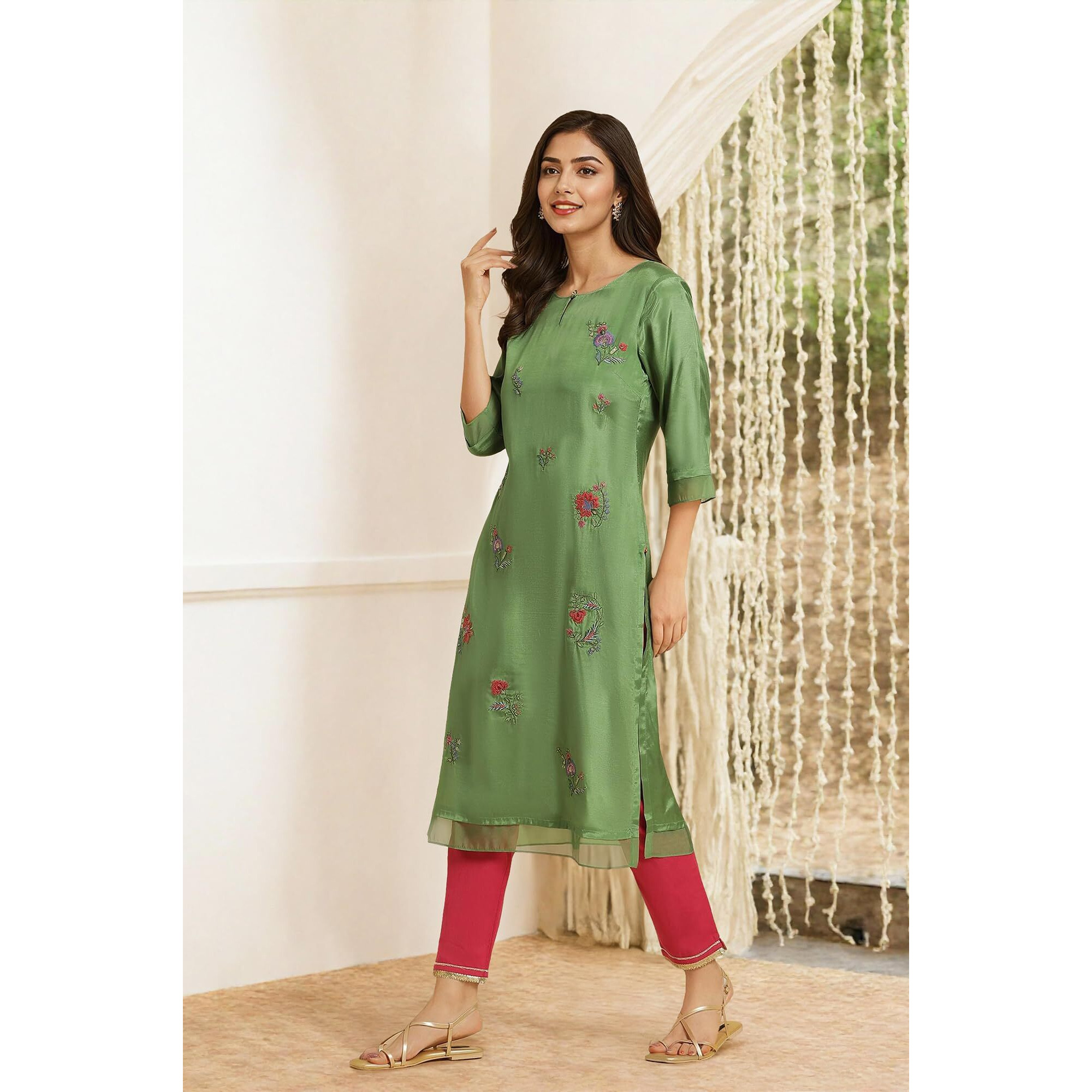 W For Woman Green Embroidered Shantun Festive Kurta (Size Xs)-23Auw19727-220021