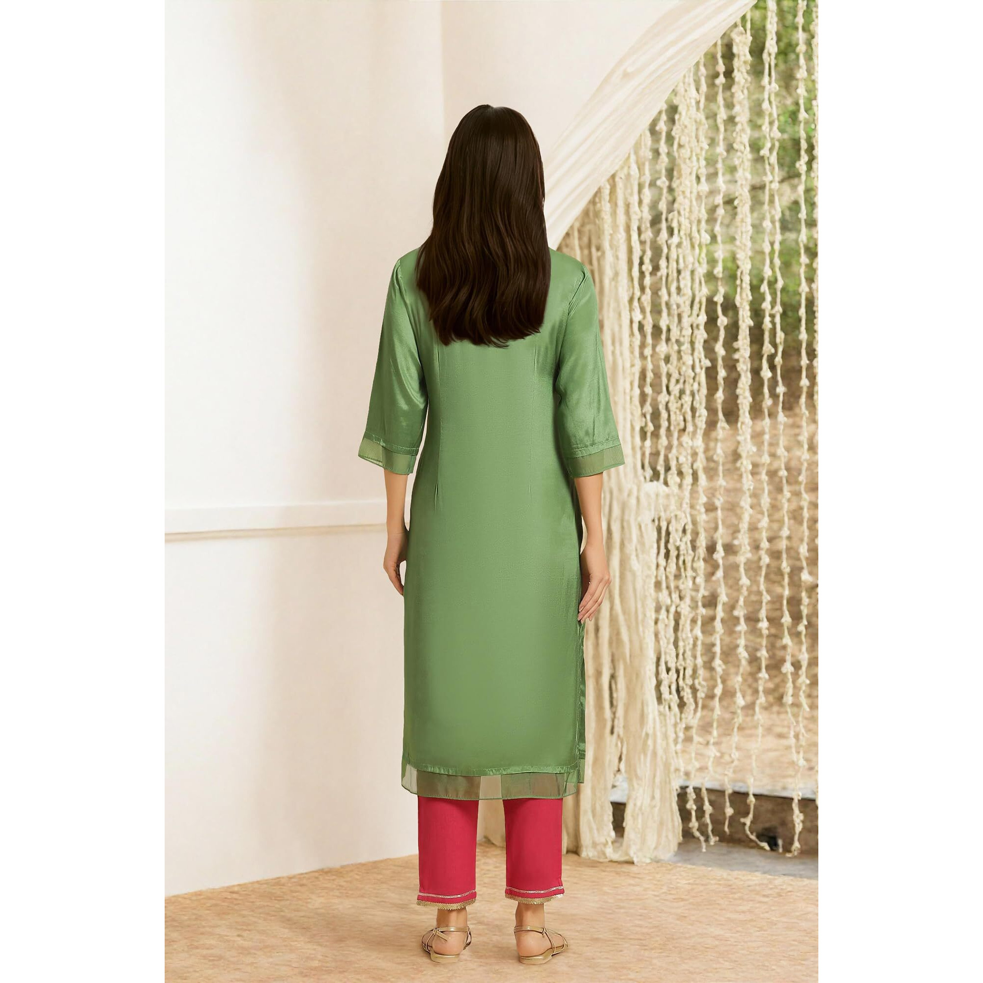 W For Woman Green Embroidered Shantun Festive Kurta (Size Xs)-23Auw19727-220021