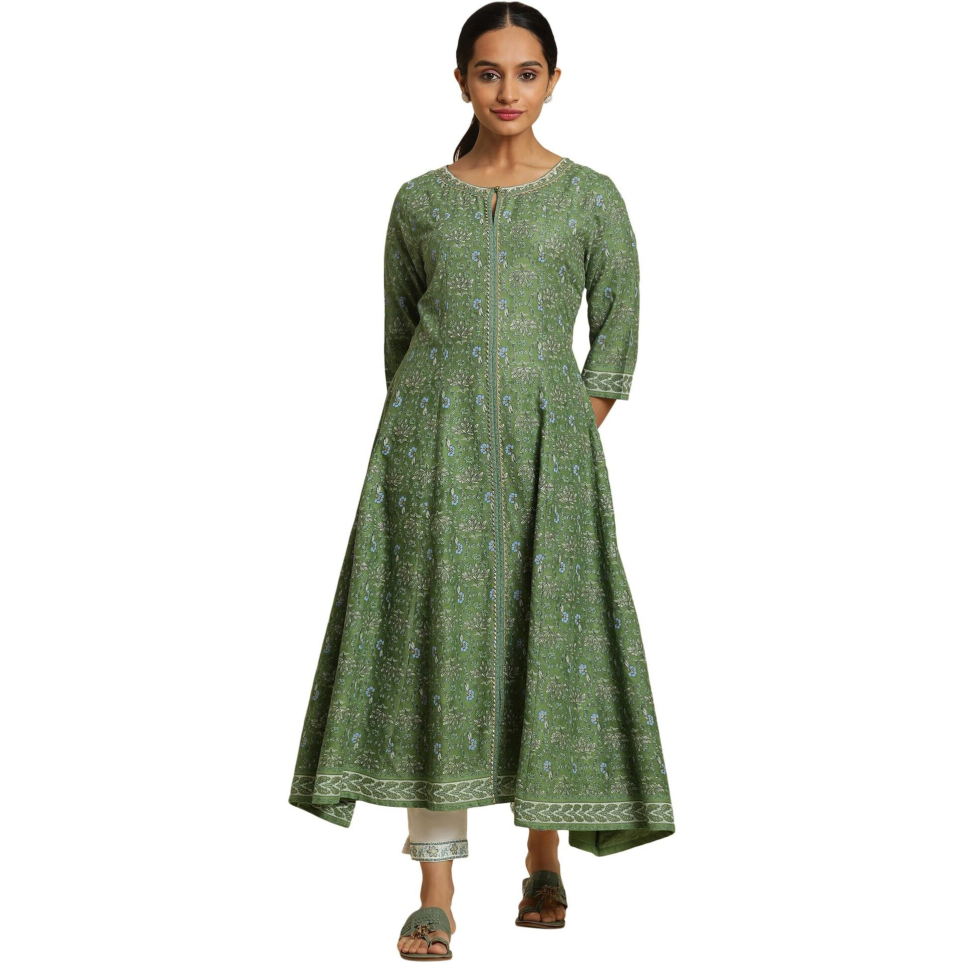 W For Woman Forest Green Printed Panelled Kurta (Size Xl)-23Auw19716-120971