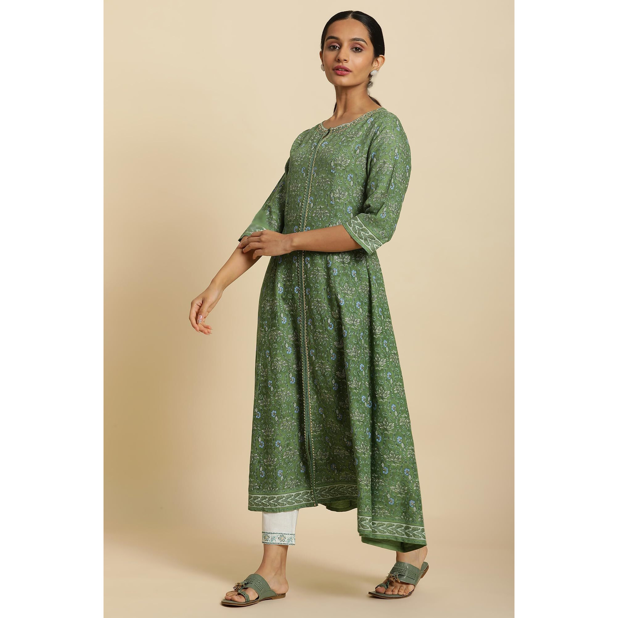 W For Woman Forest Green Printed Panelled Kurta (Size Xl)-23Auw19716-120971