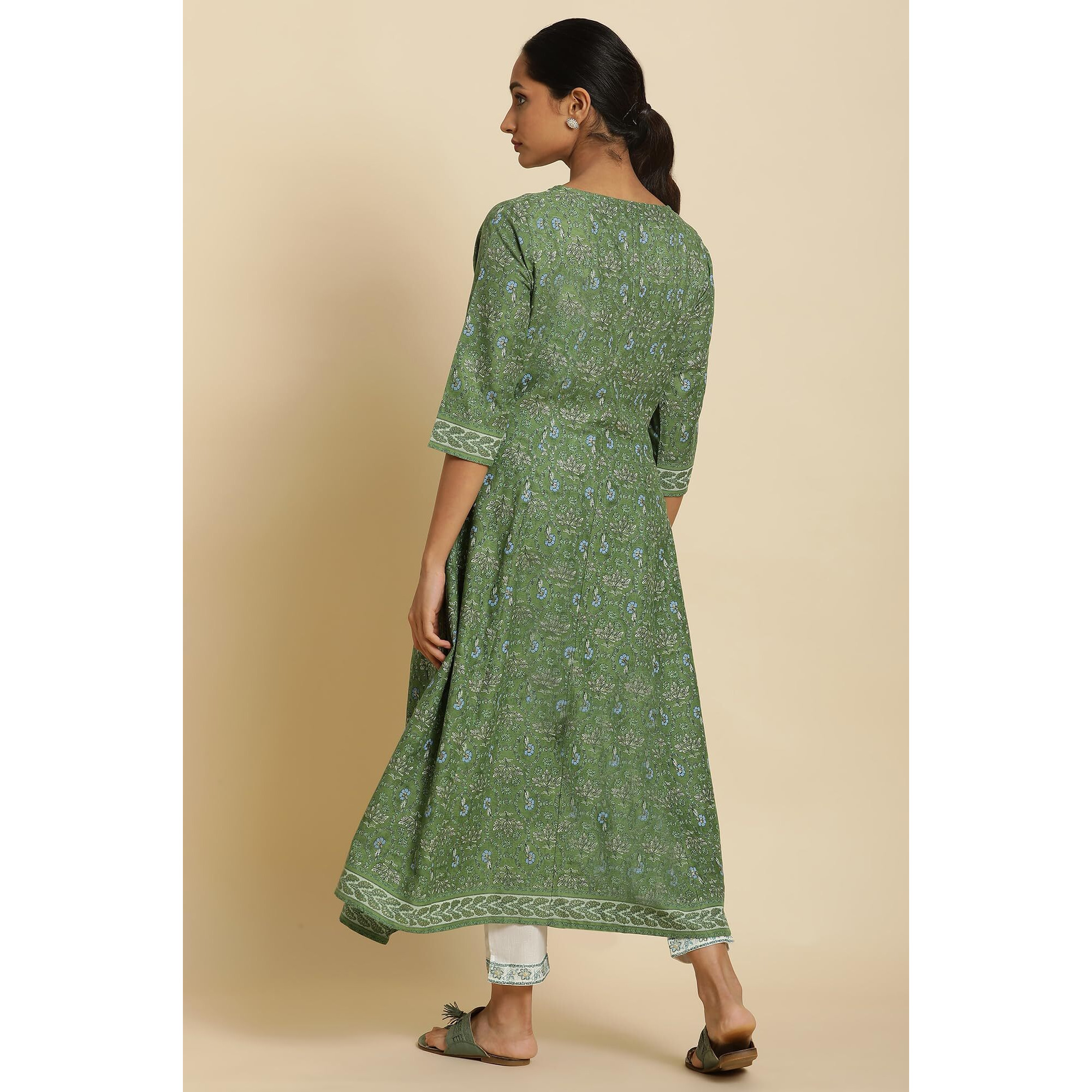 W For Woman Forest Green Printed Panelled Kurta (Size Xl)-23Auw19716-120971