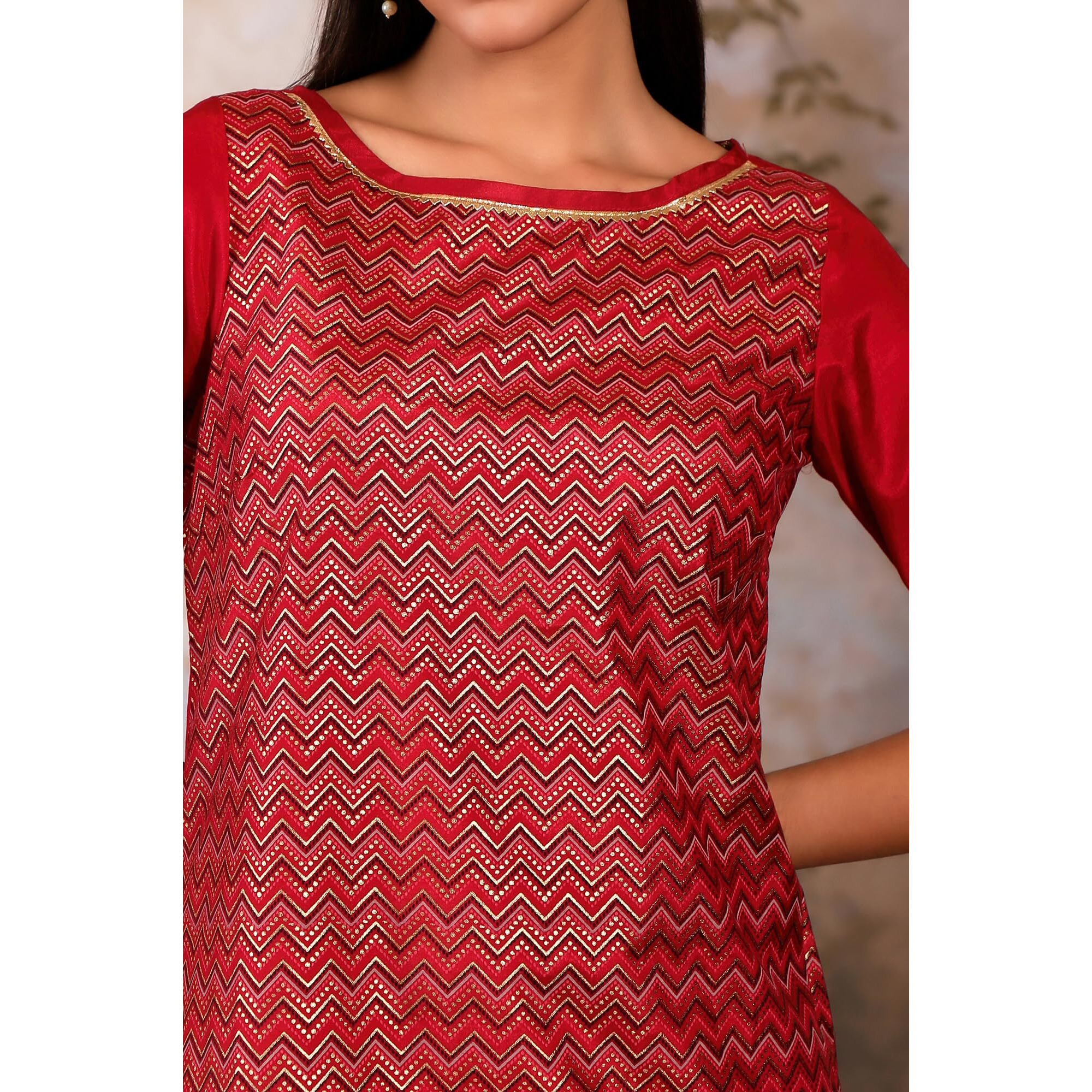 Aurelia Women's Red Chevron Regular Kurta