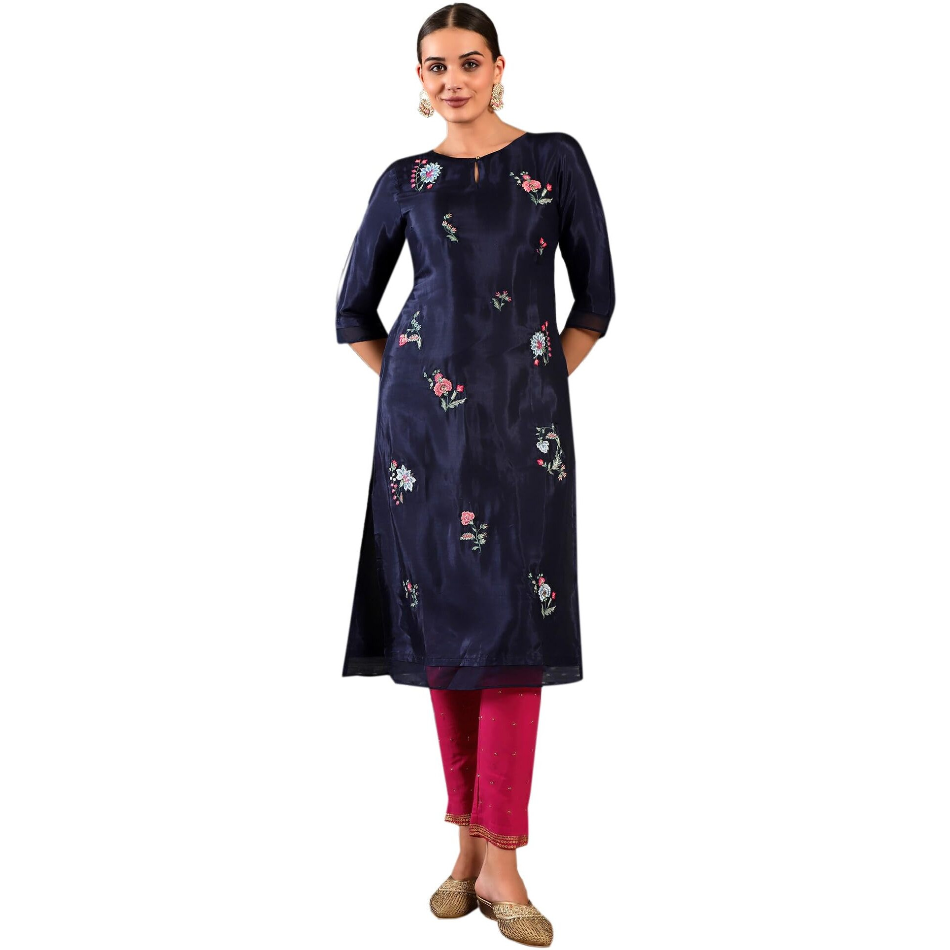 W Navy Blue Embroidered Straight Long Kurta For Women